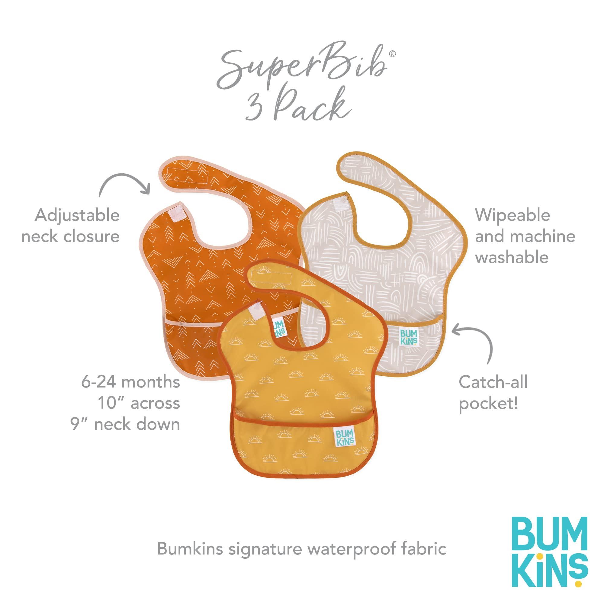 Bumkins Bumkins Bibs for Girl or Boy, SuperBib Baby and Toddler for 6-24 Months, Essential Must Have for Eating, Feeding, Baby Led Weaning Supplies, Mess Saving Catch Food, Waterproof Fabric 3-pk Desert Boho