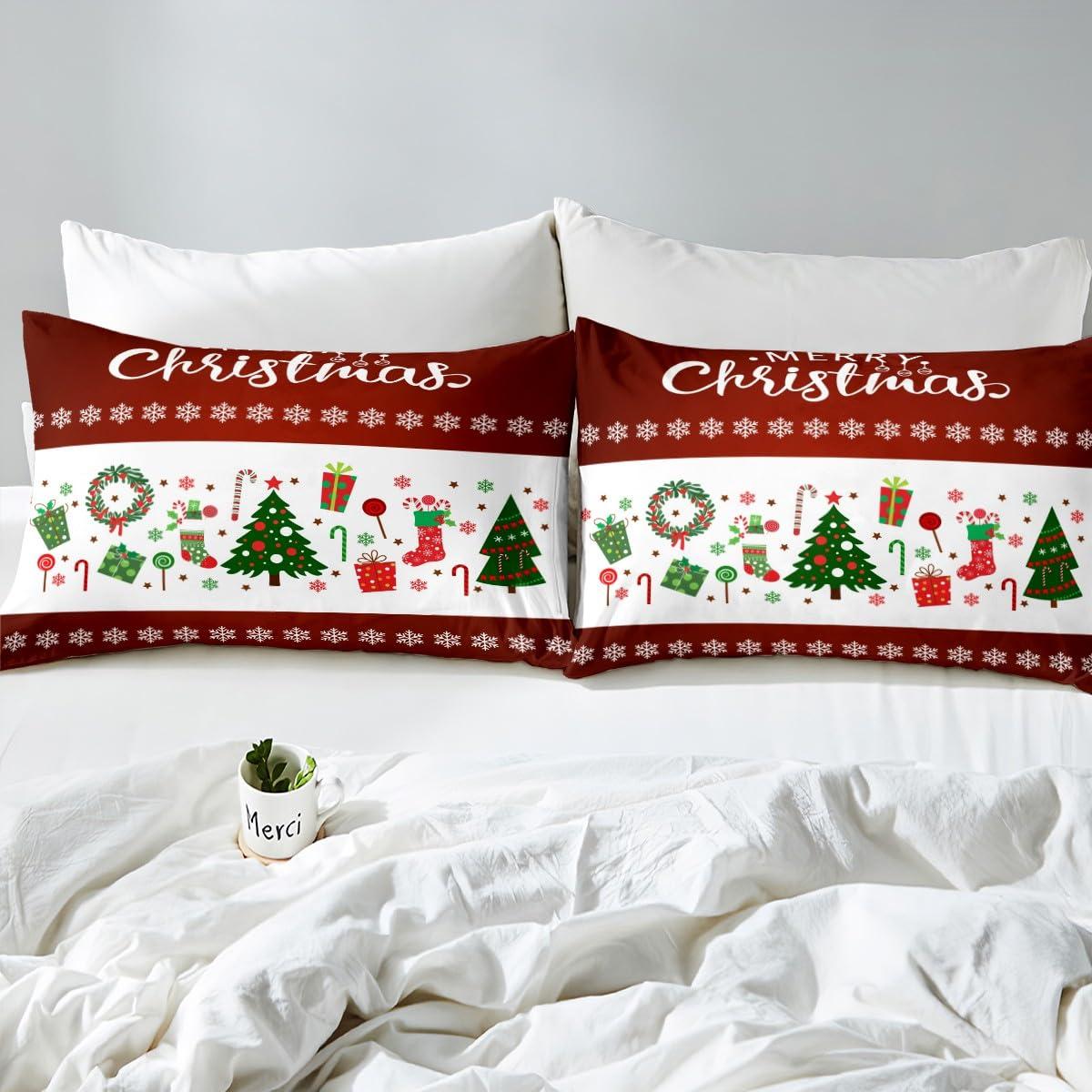 Castle Fairy Merry Christmas Bedding Sets Toddler Size,Red White Stripes Geometry Xmas Reversible Duvet Cover 2Pcs for Kids Bedroom,Green Pine Gifts Candy Print Quilt Cover,1 Pillowcase (No Comforter)