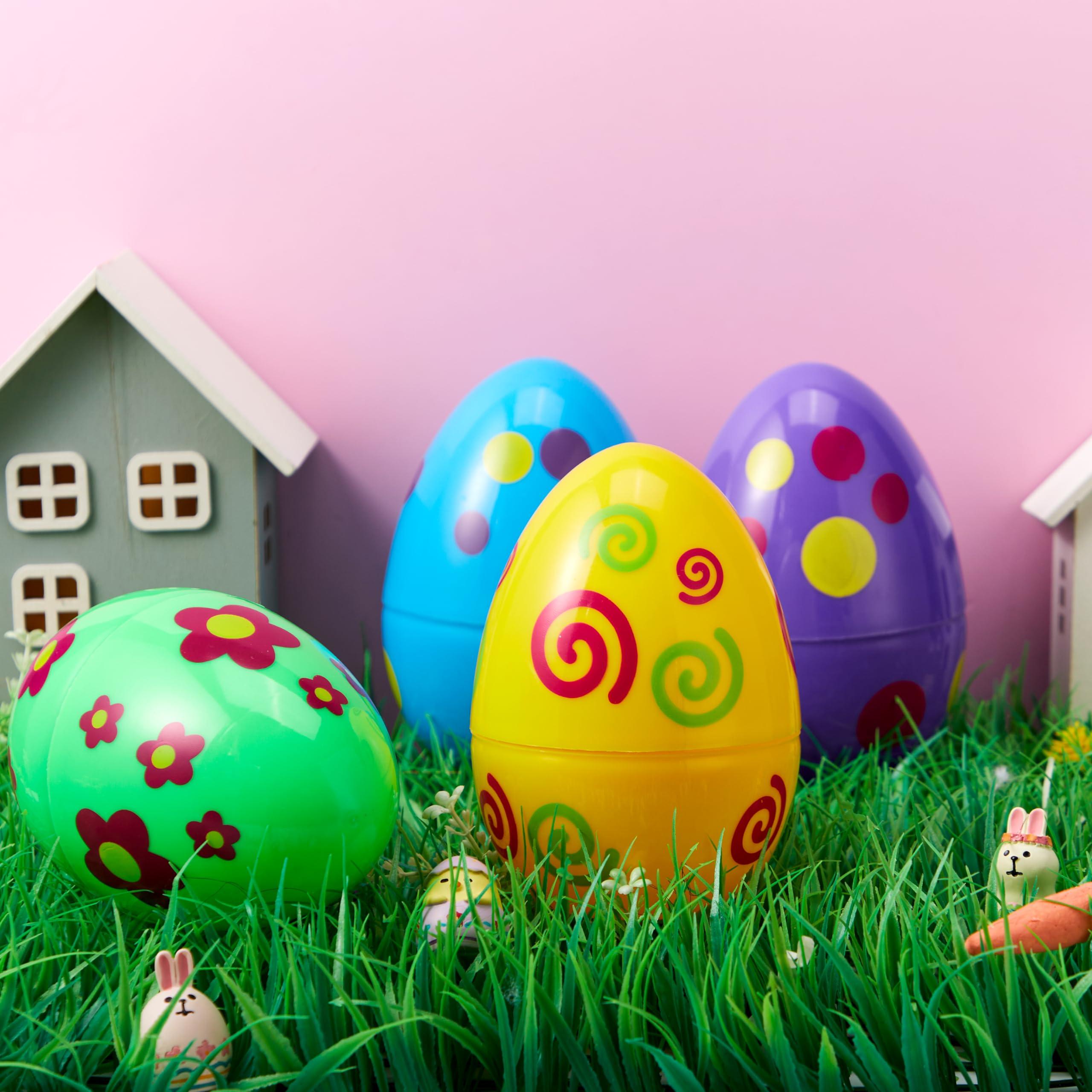 JOYIN JOYIN 12 Pcs Jumbo Printed Easter Eggs, 6 Inches Giant Plastic Eggs Fillable for Easter Themed Hunt Basket Stuffers Fillers Filling Treats Party Favor Classroom Prize Supplies