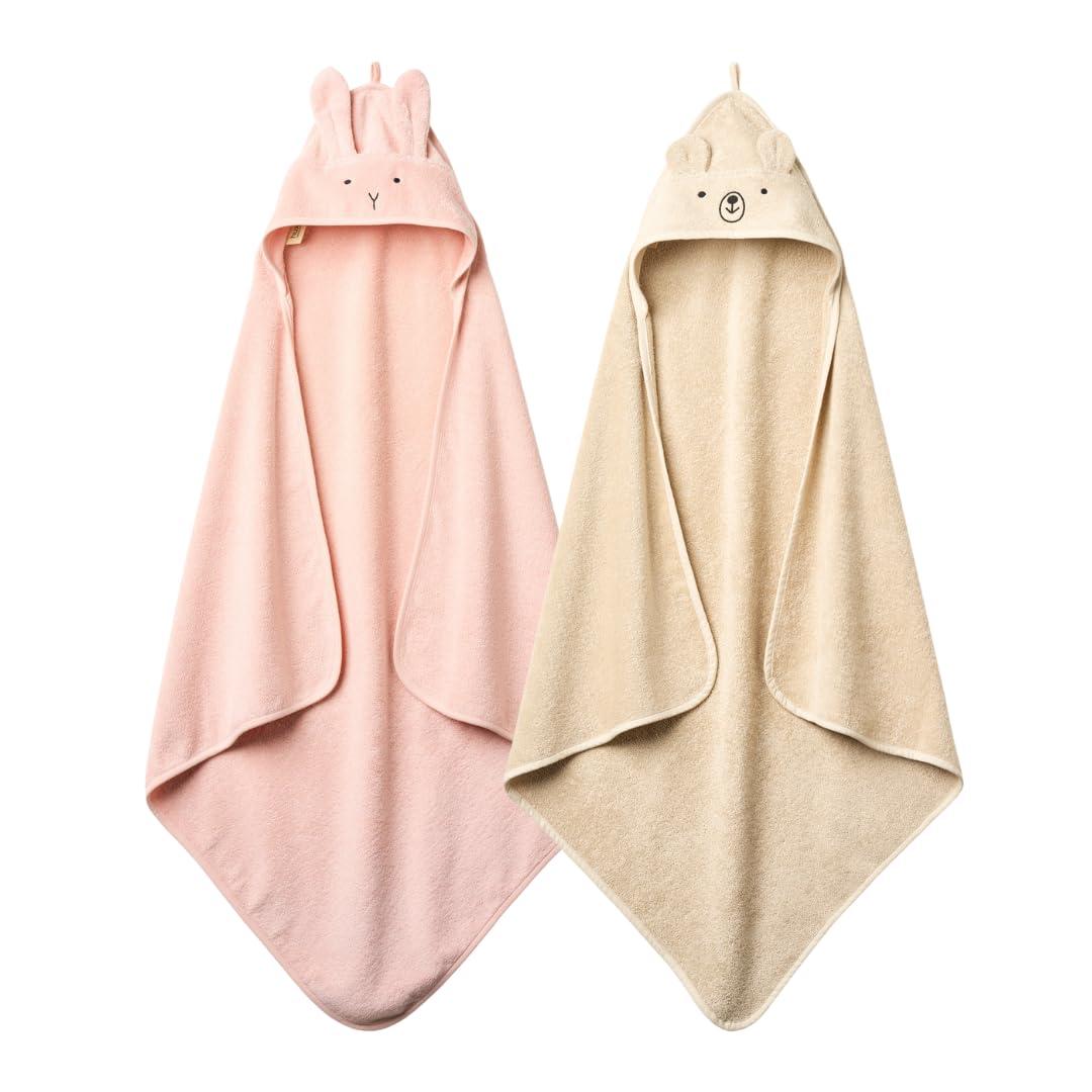 Huxie Baby Hooded Towel Organic Cotton Baby Bath Towels, 32" x 32" Super-Soft and Absorbent Baby Towels for Newborn 2-Pack (Rabbit Blush/Bear Fog)