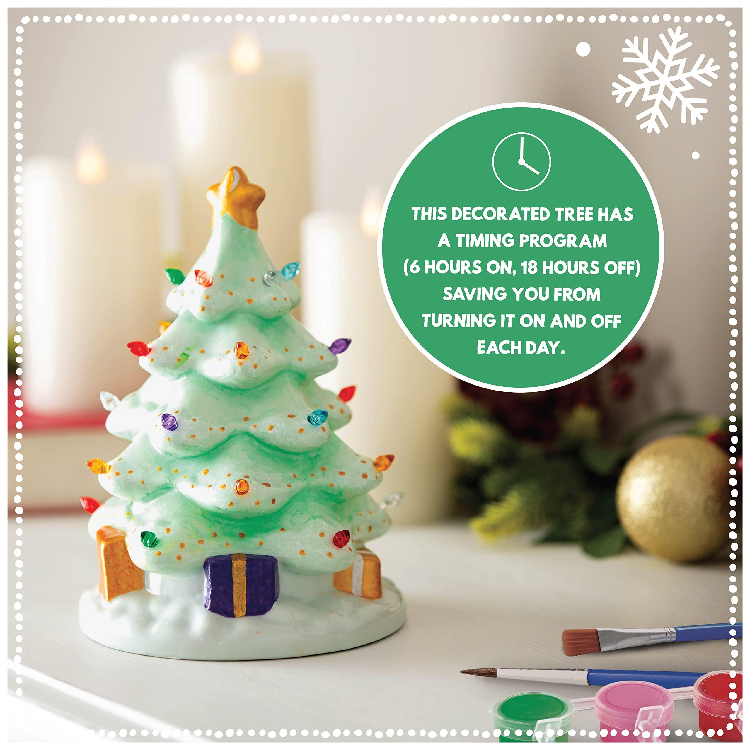 MindWare MindWare Paint Your Own Porcelain Christmas Tree with Plastic Lights and LED Light and Timer Function Tabletop Dcor and Nostalgic Craft Project for Making Family Memories