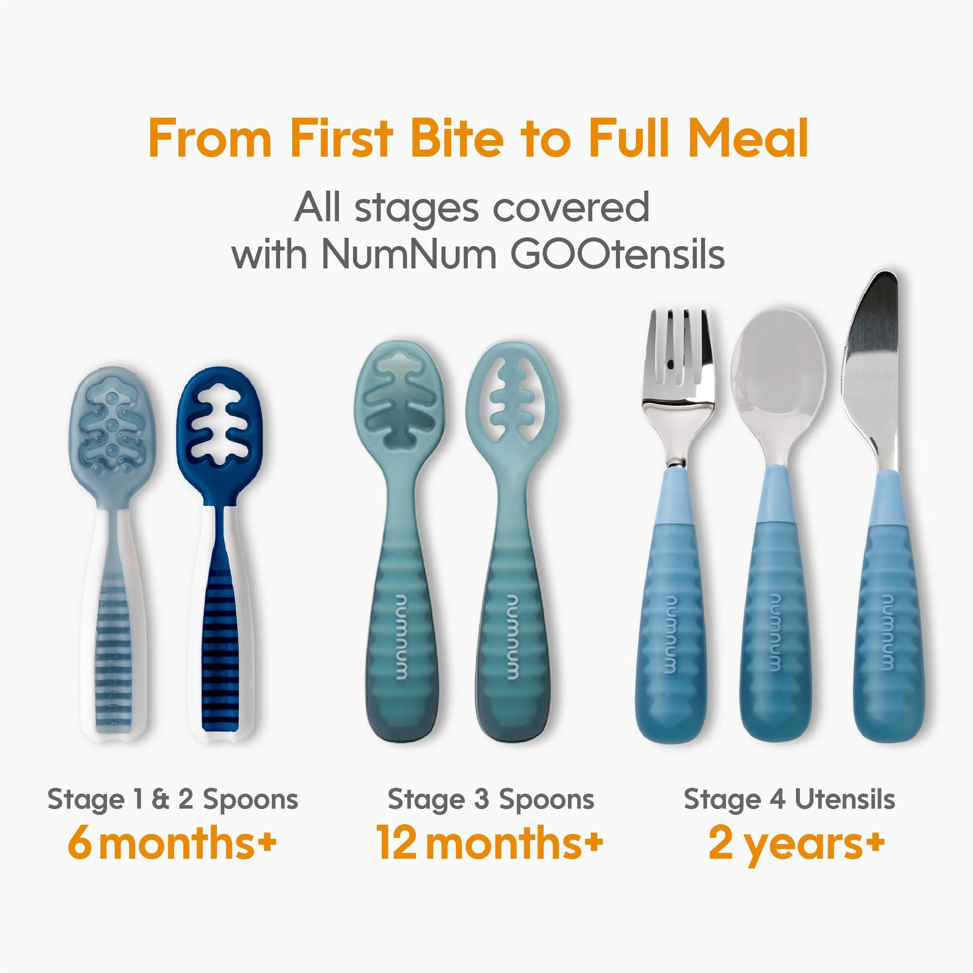 NumNum NumNum Baby Spoons Set, Baby Essentials Pre-Spoon GOOtensils for 6+ Months, First Stage Self-Feeding Spoons for Baby Led Weaning (BLW), Silicone Toddler Utensils, BPA-Free, 4 Pack Blue