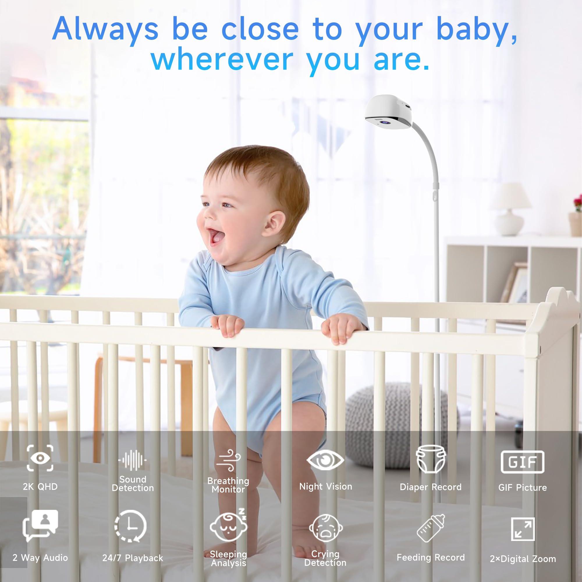 Rraycom Instababy Smart Baby Monitor with Floor Stand, 2K Crib Camera with AI Breathing Monitor, No Wearables WiFi Baby Camera, Night Vision, Baby Sleep Tracker, Cry & Motion Alerts, Diaper & Feeding Record