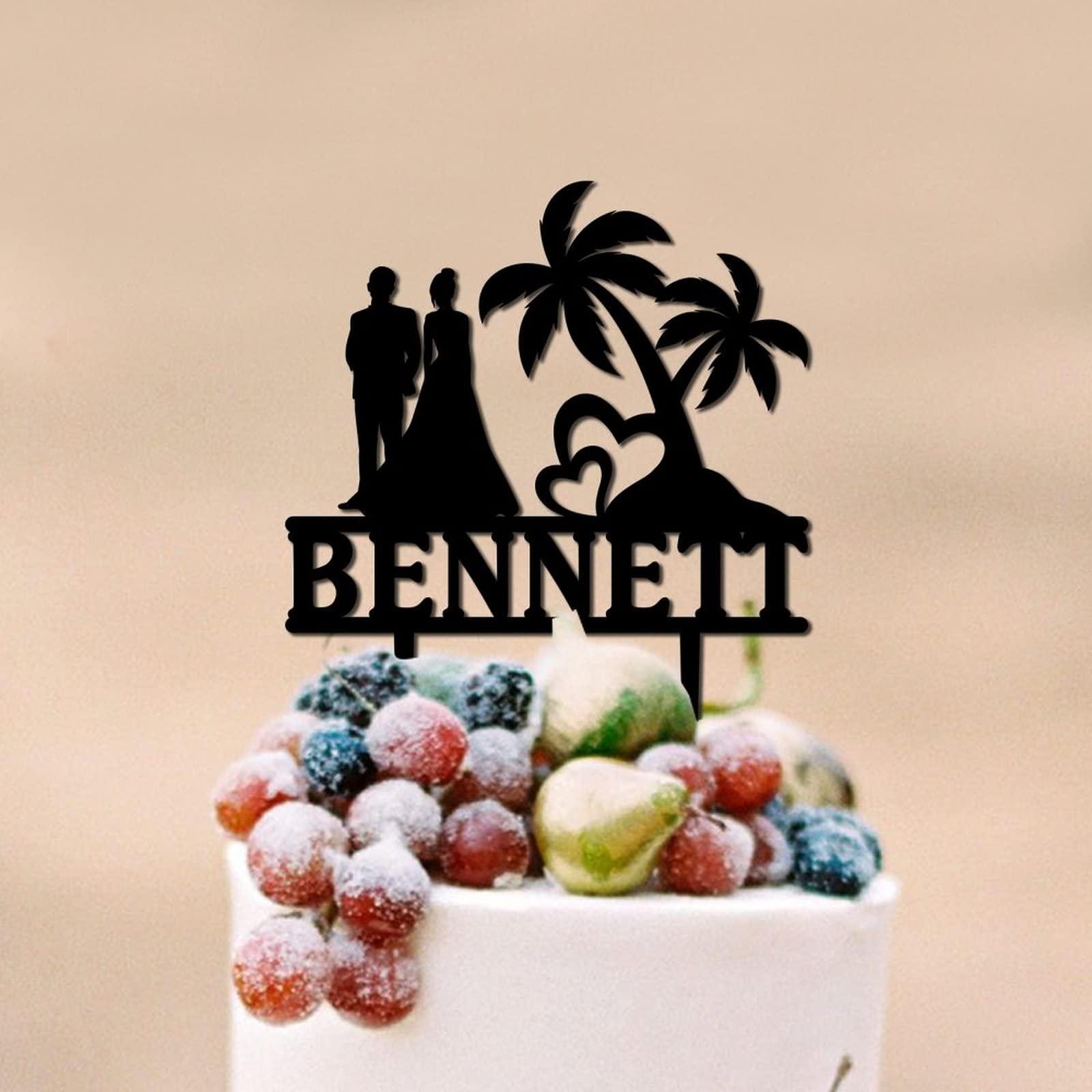 UanMere Beach Cake Toppers Personalized Bride And Groom Wedding Cake Toppers Bride And Groom Under Palm Tree in Beach Keepsake Decoration Black Acrylic Married Silhouette Cake Toppers with Last Name