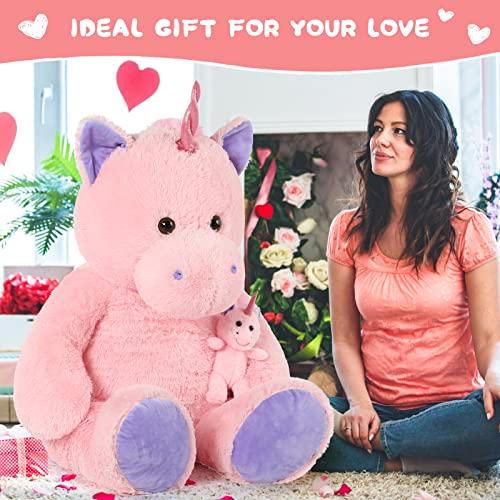 MorisMos MorisMos Giant Stuffed Unicorn 4 Foot, 51\'\' Giant Unicorn Stuffed Animal, 2-in-1 Big Stuffed Unicorn & Baby Unicorn Doll, Pink Unicorn Stuffed Animal for Girl Kid on Birthday Christmas Valentine\'s Day