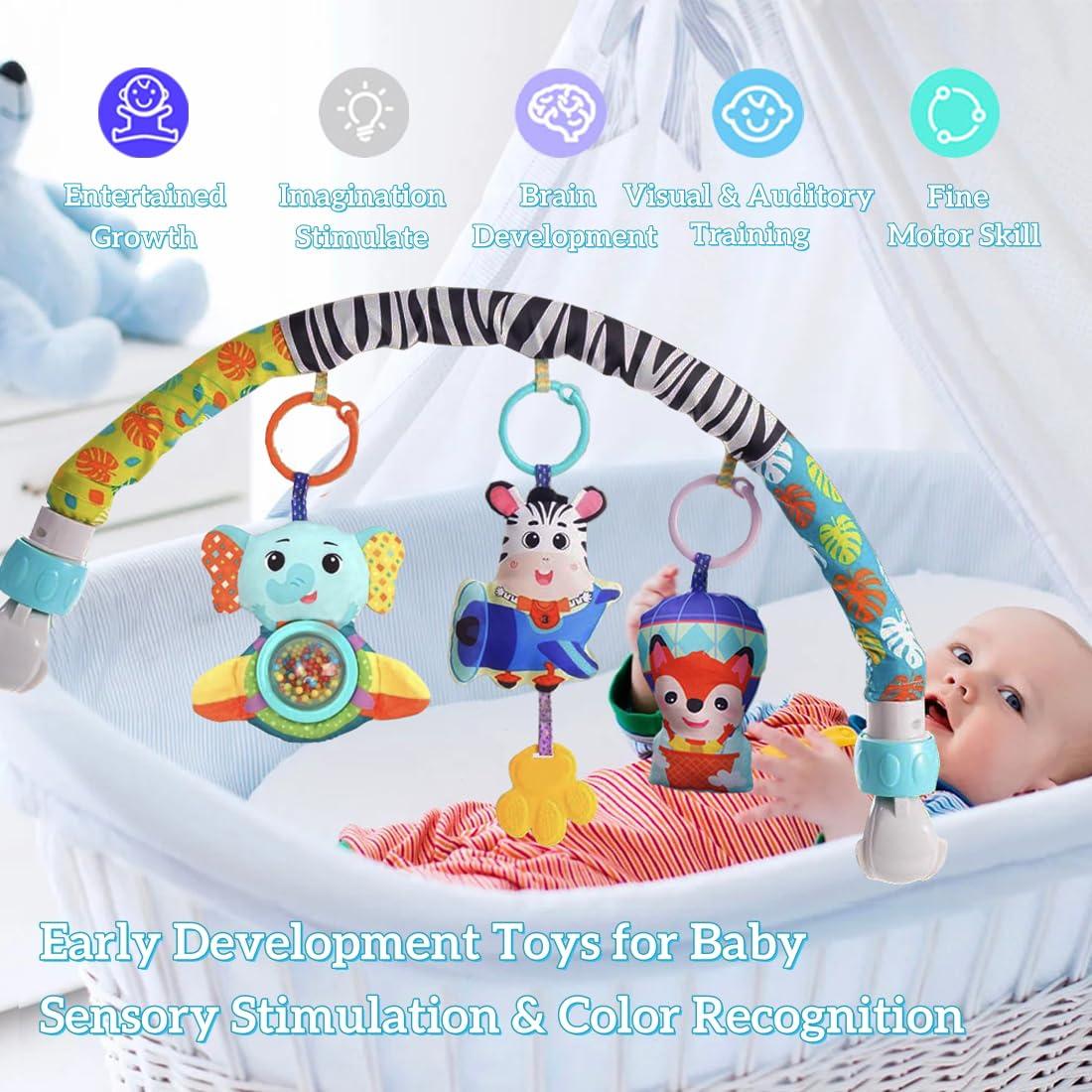 BATOHO Baby Stroller Arch Toy, Clip On Arch Mobile for Bassinet with Universal Clamps, Activity Toy Bar for Baby Bouncer Musical Crib Mobile Toys for Infants Baby Car Seat Toys Rattle Elephant Squeaker Zebra