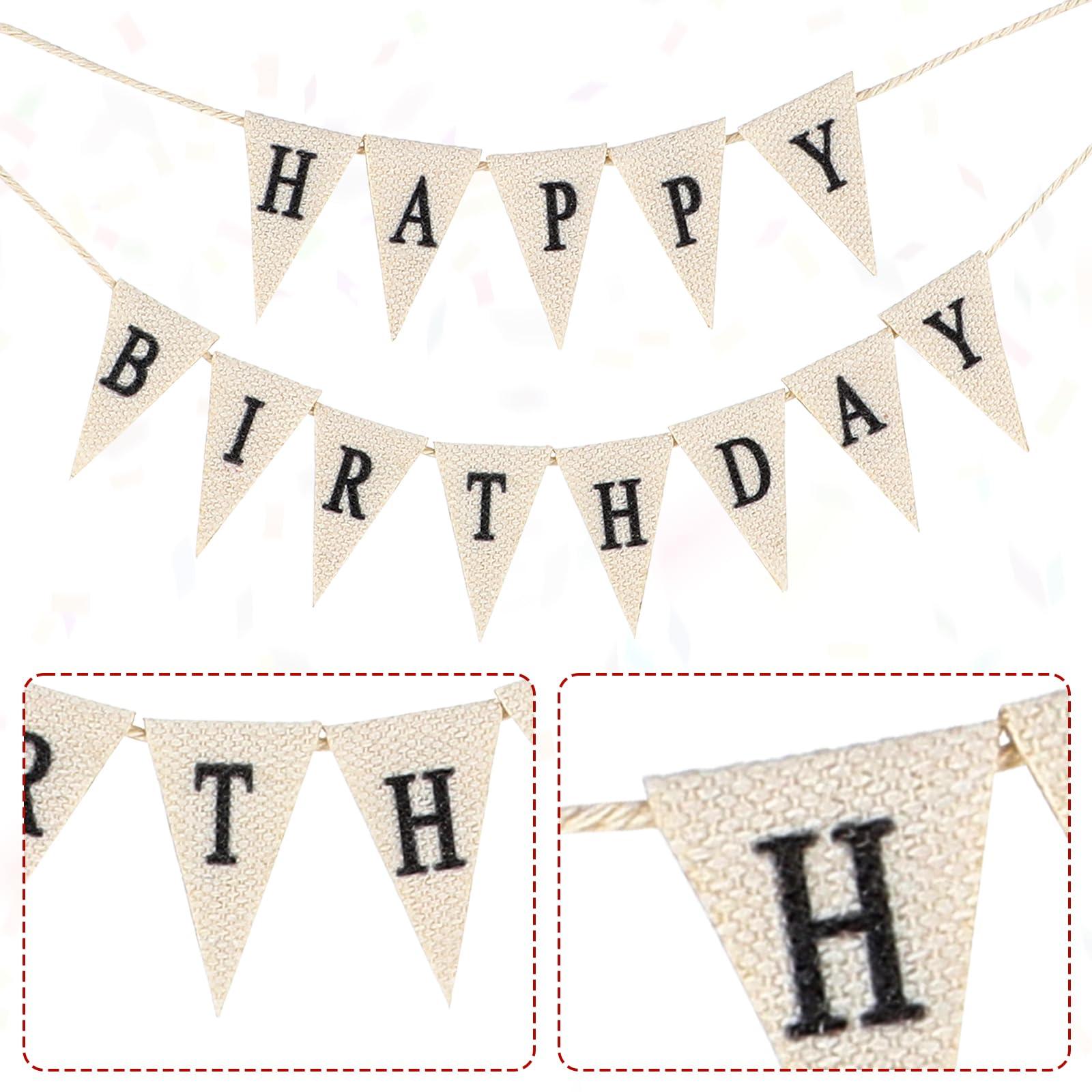 Aeaocvo Happy Birthday Cake Banner Personalized Birthday Cake Toppers, Handmade Linen Pennant Flags with 7.9 in Bamboo Polls, Birthday Party Decoration Supplies for Cakes Cupcakes