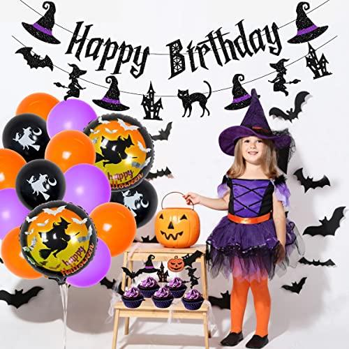 JOYMEMO Witch Birthday Party Decorations with Happy Birthday Banner Halloween Theme Cake Topper Cupcake Picks Birthday Witch Garland for Girls Horror Happy Birthday Supplies