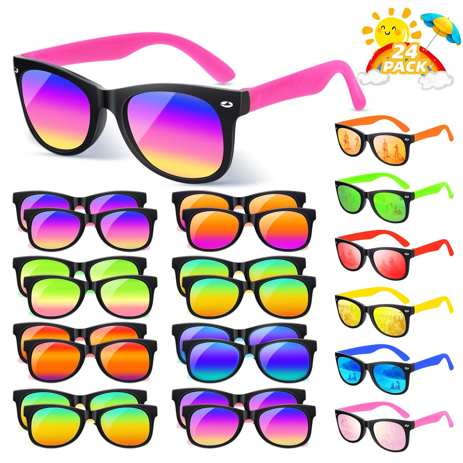 Hldgras Kids Sunglasses Bulk Party Favors for Kids 4-8-12 24 Pack 80s Style Neon Sunglasses with UV400 Protection Goodie Bag Stuffers Pool Party Favors Decorations end of Year Student Gifts for Boys and Girls