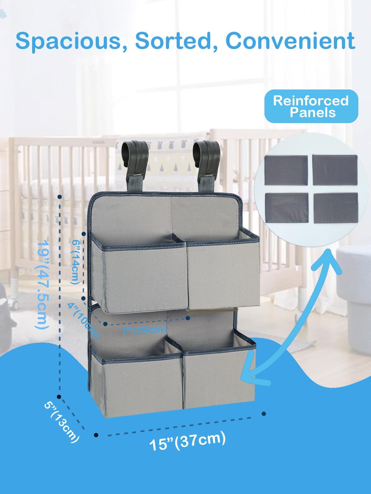 KIKJOK KIKJOK Hanging Diaper Organizer for Crib/Playpen/Bassinet Hold 80+ Diapers - 4 Deep Pockets-H19in x L15 in Changing Table Diaper Holder - Hanging Diaper Stacker Nursery Caddy Organizer - Grey
