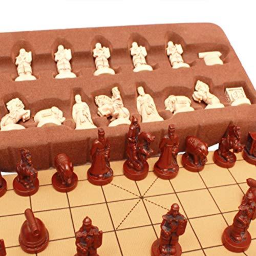 ZANZAN WUHE Chess Chinese Chess Xiangqi Game Retro Terracotta Warriors Chess Board Games Resin Chess Pieces and Leather Soft Chessboard chessex