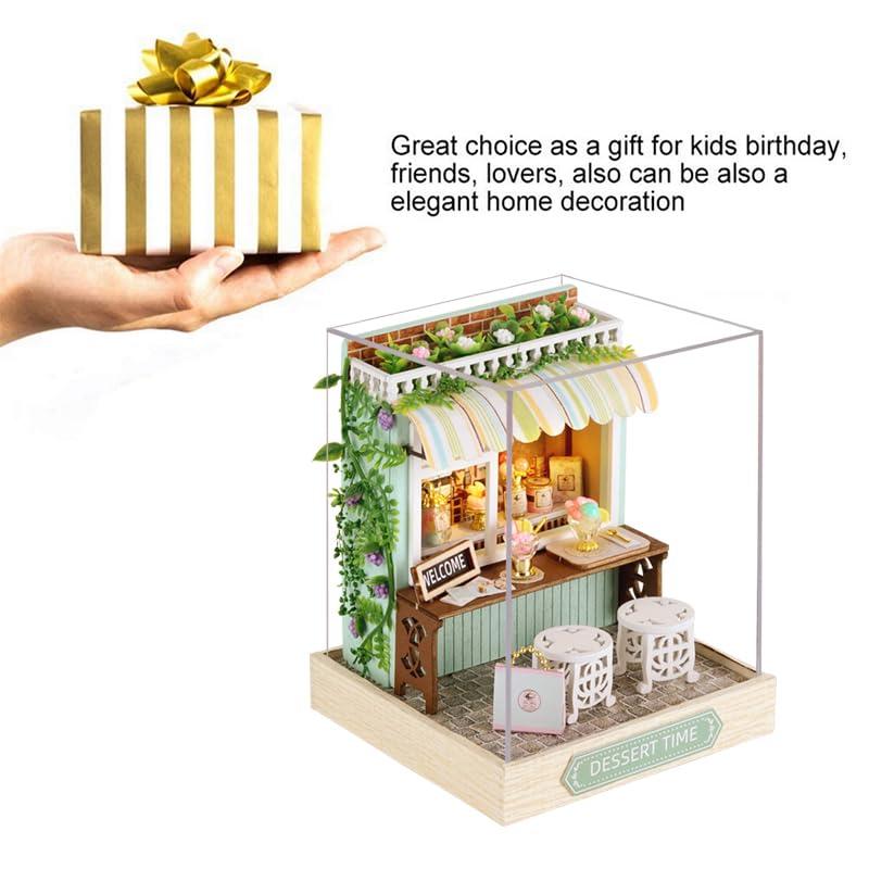Generic Generic DIY Miniature Dollhouse Kit Wooden Dolls House with LED Dust CoverCreative Room Mini House Building Kit for Birthday Gift (Dessert time)
