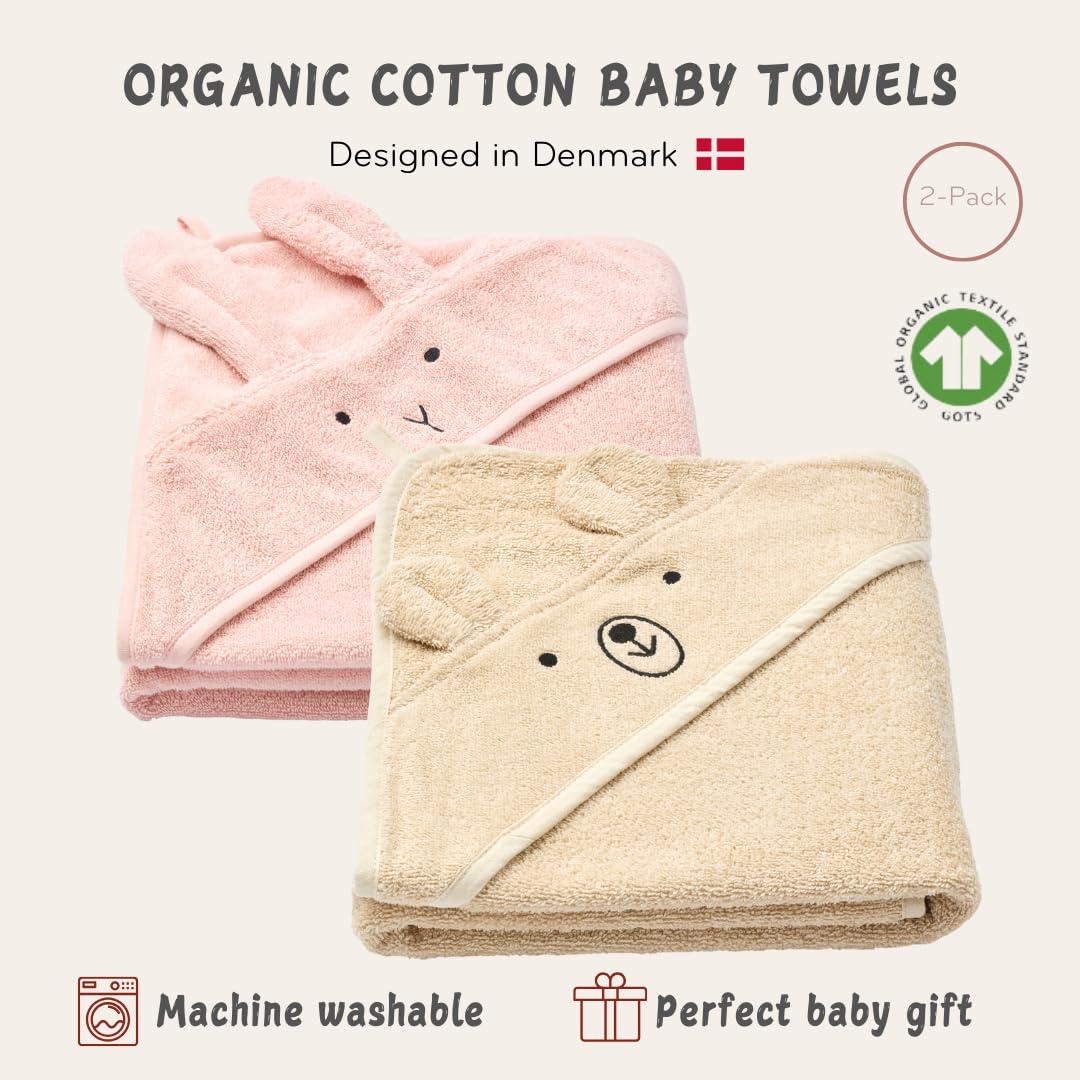 Huxie Baby Hooded Towel Organic Cotton Baby Bath Towels, 32" x 32" Super-Soft and Absorbent Baby Towels for Newborn 2-Pack (Rabbit Blush/Bear Fog)