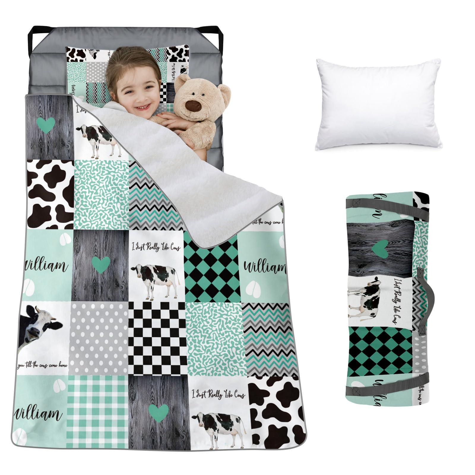Duckbe Custom Toddler Bedding Set - Personalized Name with Animals Plaid Nap Mat for Preschool, Roll Up Sleeping Bag with Flannel Blanket for Boys Girls Kids Daycare Gift Color10-Cow