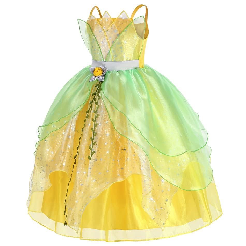 Milycoqi Princess Tiana Costume for Girls Birthday Party Halloween Outfit Costume Cosplay Dress up with Accessories for 3T