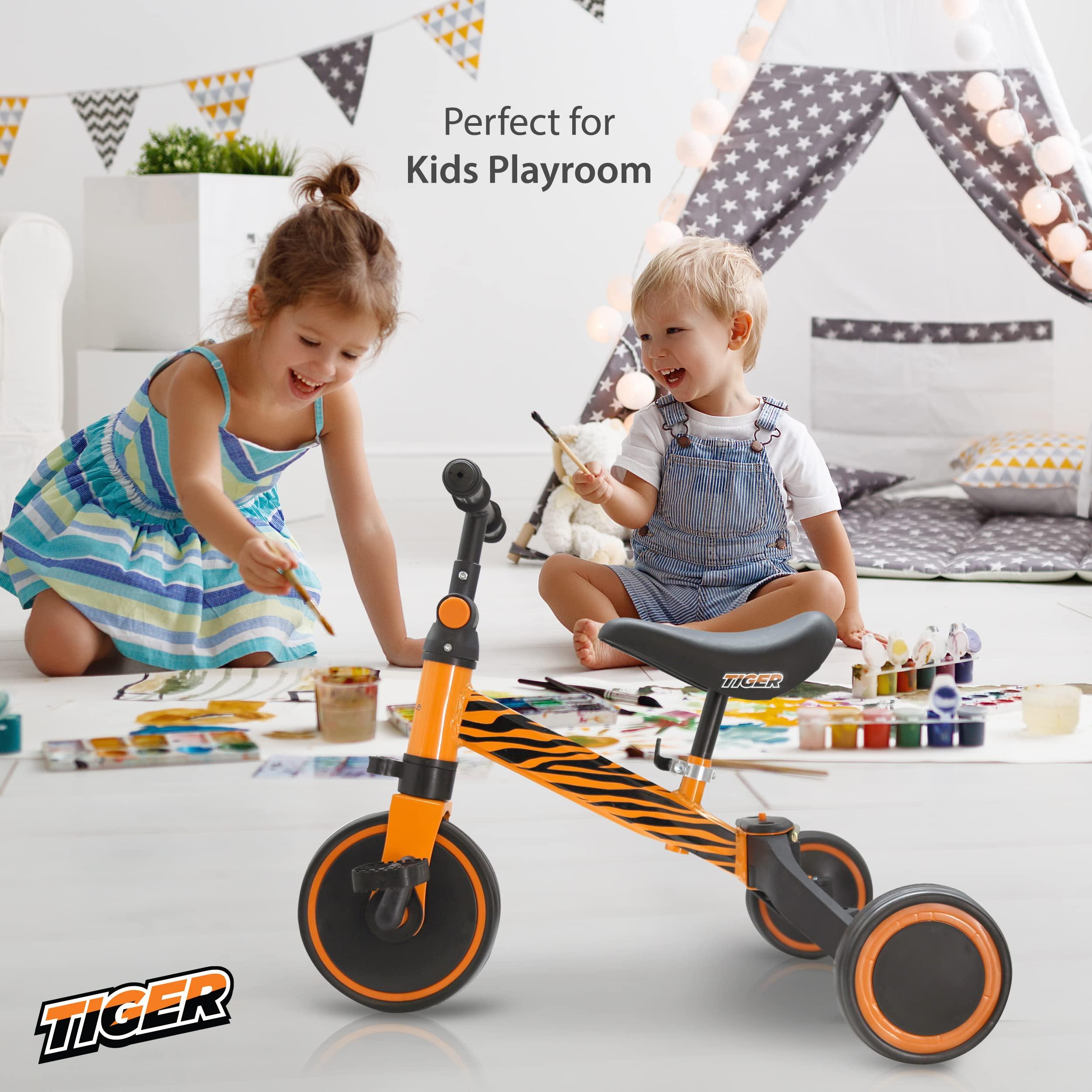 Hurtle 3 in 1 Kids Tricycles - Balance Training Bike Convertible Toddler Walker Riding Toys for 10 Month to 3 Year Old Boys Girls w/Removable Pedals, Carbon Steel Frame, Adjustable Seat Height (Tiger)