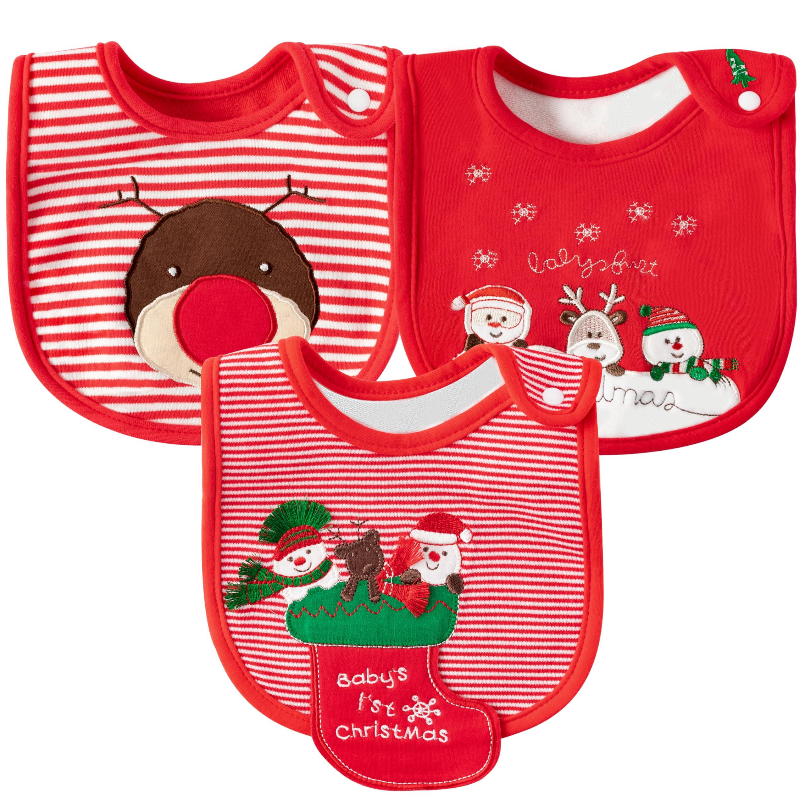 2ooya 3Pcs Christmas Baby Cotton Bib Infant Drooling Feeding Bibs with Resin Buttons Toddler Absorbable Bib Set Unisex Sock Pattern Newborn Baby Food Bibs Baby Gift Photo Props for Christmas(6-12 months)
