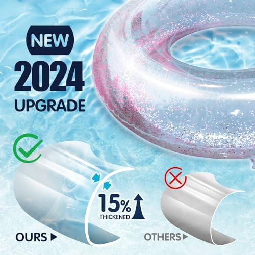 Polita Polita Pool Float, Pool Floats Kids Summer Glitter Pool Tube with Confetti,Tube Pool Toys Beach Party, Transparent Inflatable Floating Tubes for Adults and Kids (Pink+Blue)