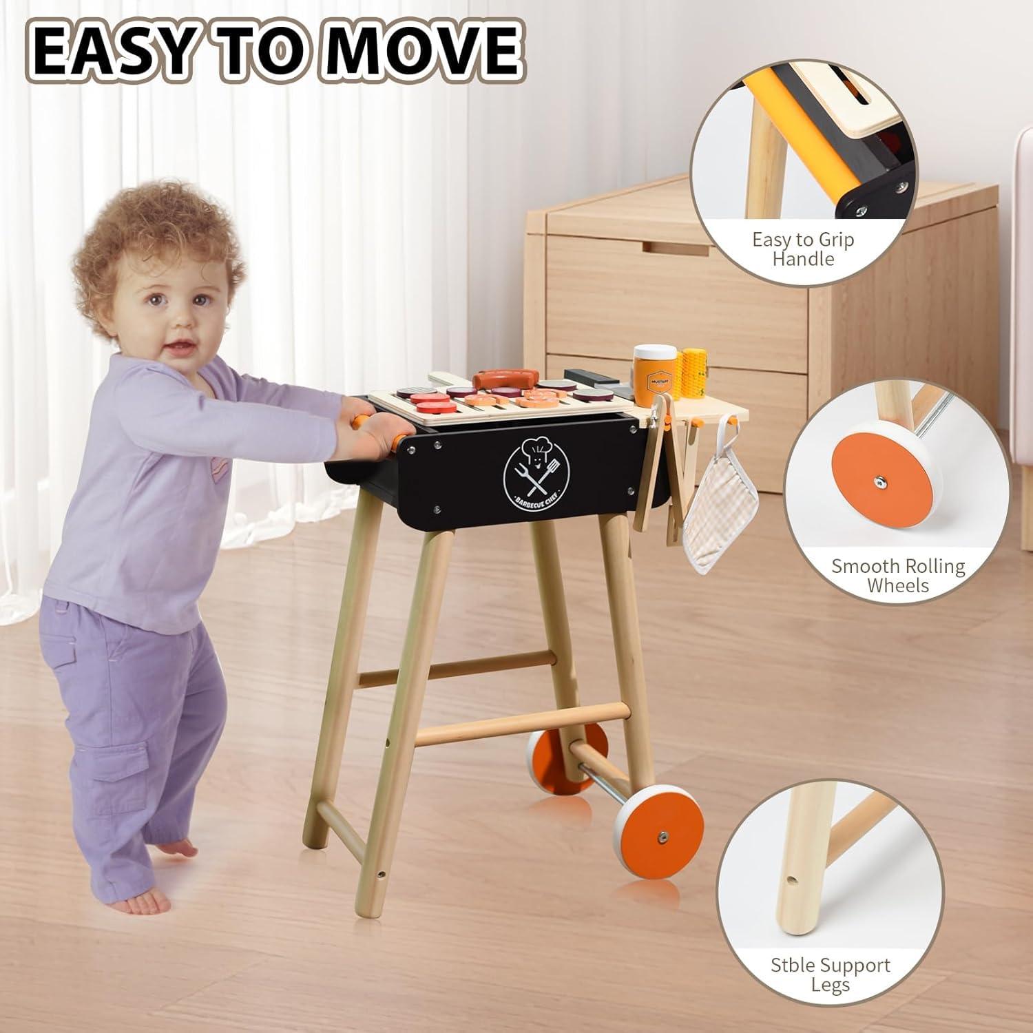 MerryPony MerryPony Wooden Play Barbecue Toy Grill, Kids BBQ Grill Playset with Play Food and Grilling Tools, Kids Cooking Sets, Outdoor Play Kitchen Set Kids, Pretend Play Kitchen Accessories Toddlers Age 3+