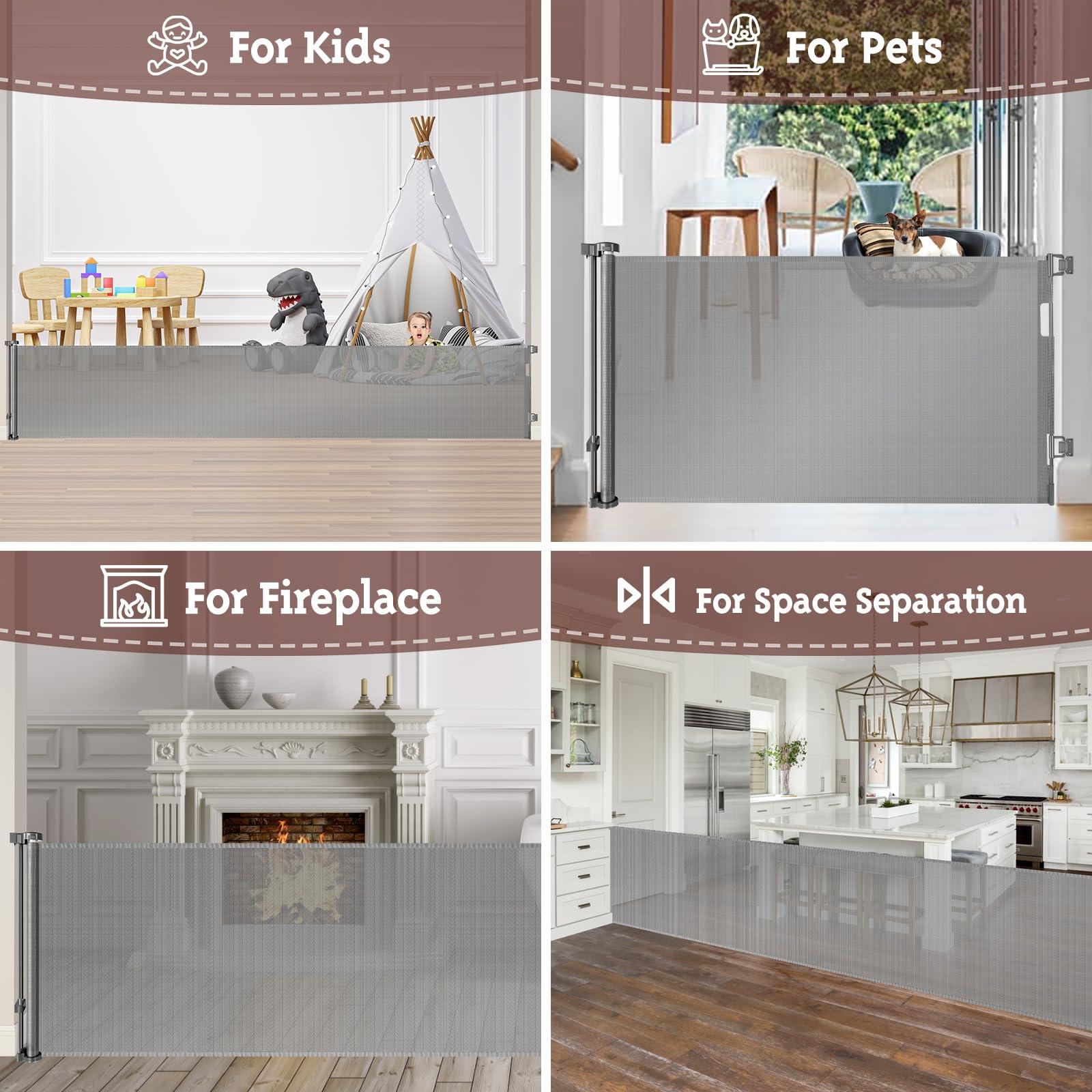KISKIZ 160 Inch Retractable Baby Gates for Extra Wide Openings Retractable Dog Gate Indoor Outdoor Retractable Gate Extra Long Baby Gate Extra Large Dog Gate for Doorways, Porches Garage Gate Deck Gate, Gray