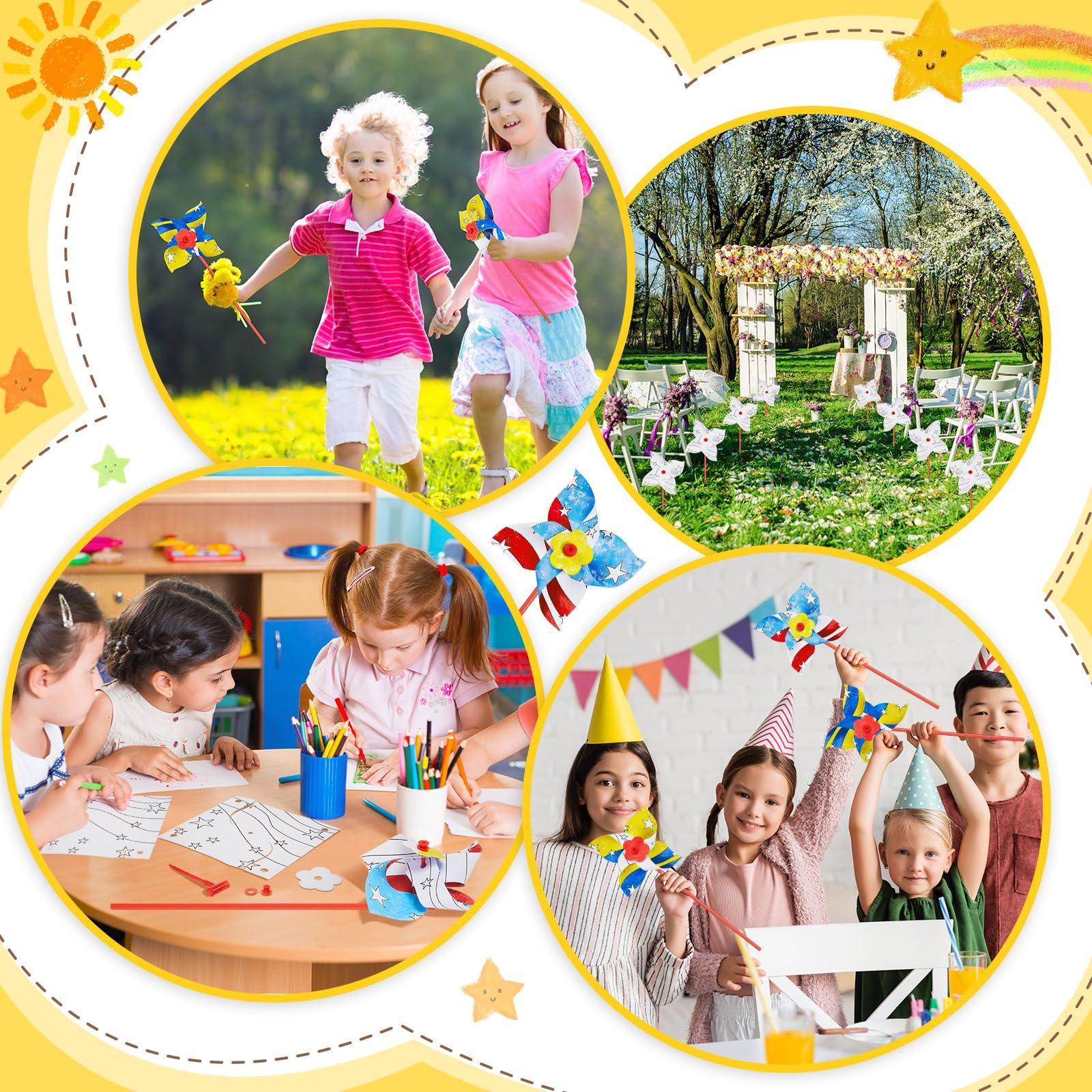 Simgoing 50 Pcs DIY Pinwheels Craft White Blank Paper Pinwheels Patriotic Craft Bulk Spring Summer Craft Kit for Kids Fun Carnival Arts and Craft Activity Daycare Project Party Favor