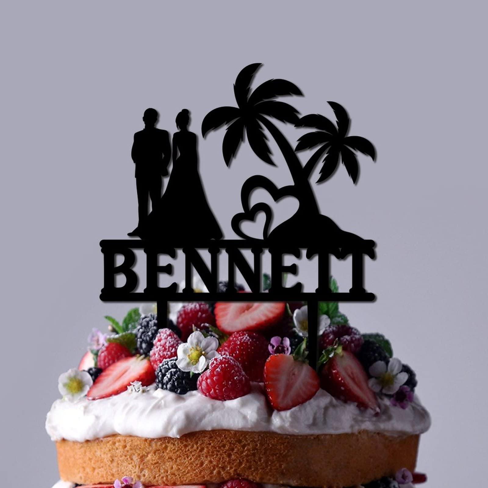 UanMere Beach Cake Toppers Personalized Bride And Groom Wedding Cake Toppers Bride And Groom Under Palm Tree in Beach Keepsake Decoration Black Acrylic Married Silhouette Cake Toppers with Last Name
