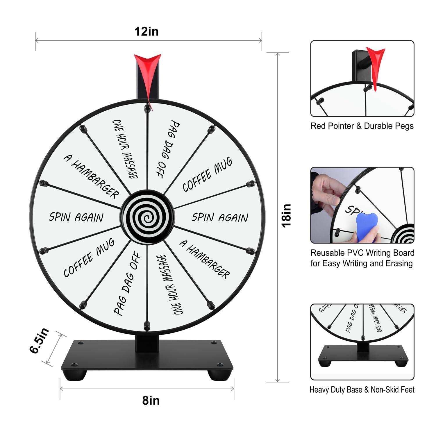 Pionites Pionites 12 Inch 10 Slots Prize Wheel Tabletop or Wall Mount Fortune Spin with Dry Erase Marker and Eraser for Engaging Home Parties, Trade Show, Carnival Events (12\'\' White)