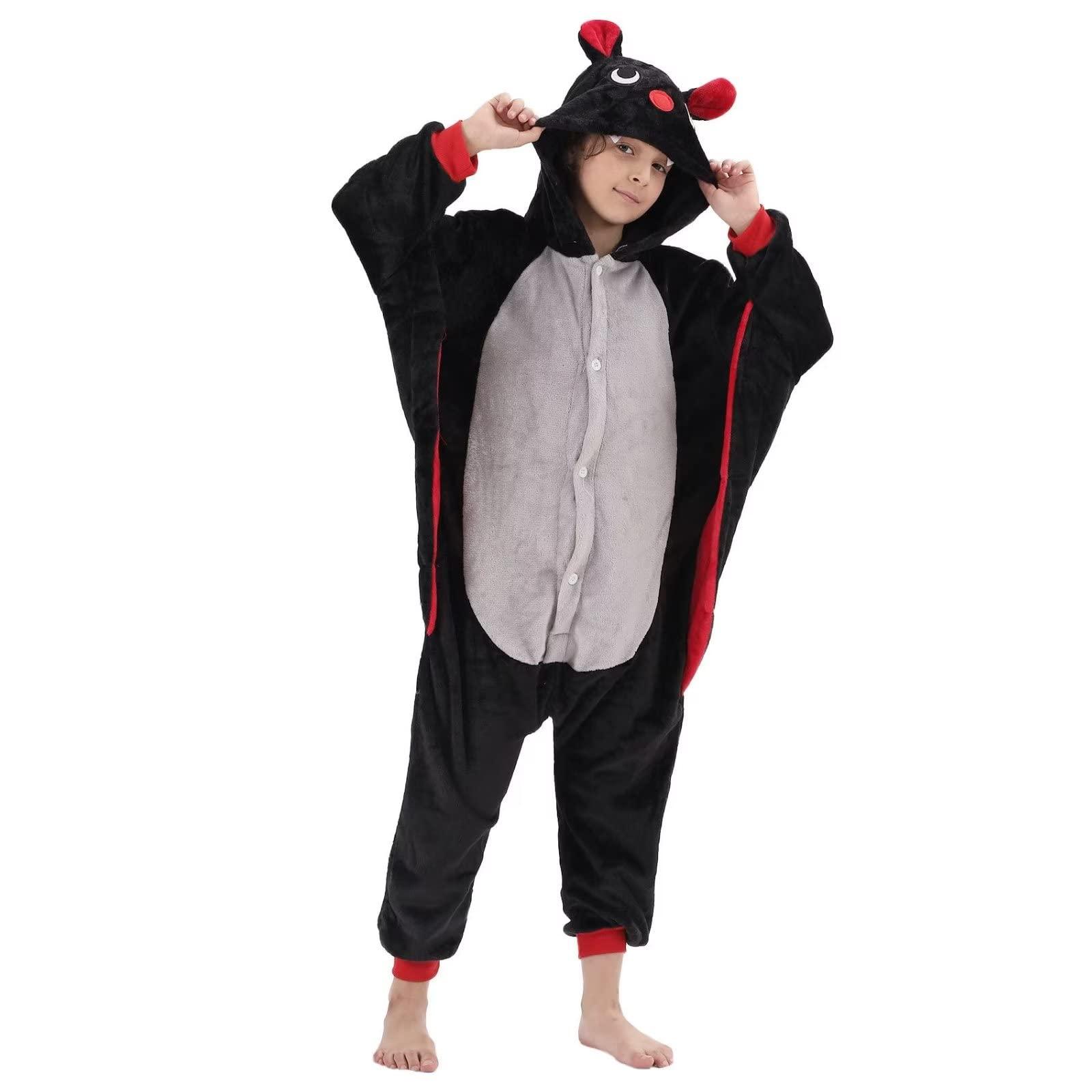 LOBUJOU LOBUJOU Kids Onesie Costume for Boys Girls Halloween Animal Cosplay One Piece Flannel Hooded Black Bat M