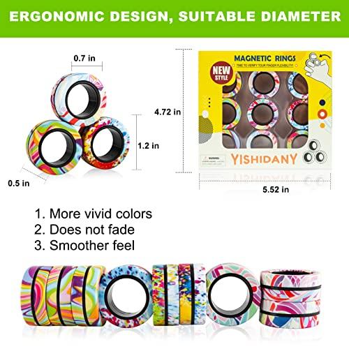 YISHIDANY YISHIDANY 9Pcs Magnetic Rings Fidget Toys Pack, Magnets Finger Spinner for ADHD Stress Relief, Magical Fingears Ring for Training Relieves Autism Anxiety, Great Idea Gift for Adults Teens Kids
