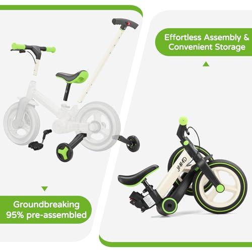 JMMD JMMD Toddler Bike with Push Handle for Kids 18-60 Months, 6 in 1 Foldable Push Bike with Training Wheels, Pedals, Brakes, Kickstand, Kid Balance Bike Gift & Toys for Boy & Girl, Green