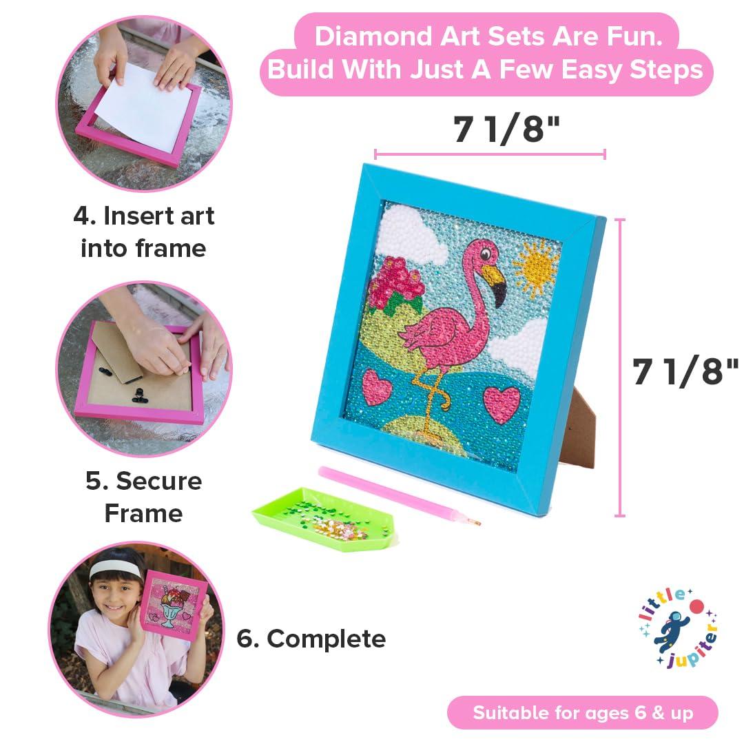 Little Jupiter Little Jupiter Diamond Art Kits for Kids w/ 7 1/8\" x 7 1/8\" Frame - Kids Diamond Art - Kids Diamond Painting Kits - Kids Diamond Art Kits - Diamond Art Kit for Kids - Gem Art Kit (Flamingo Blue Frame)