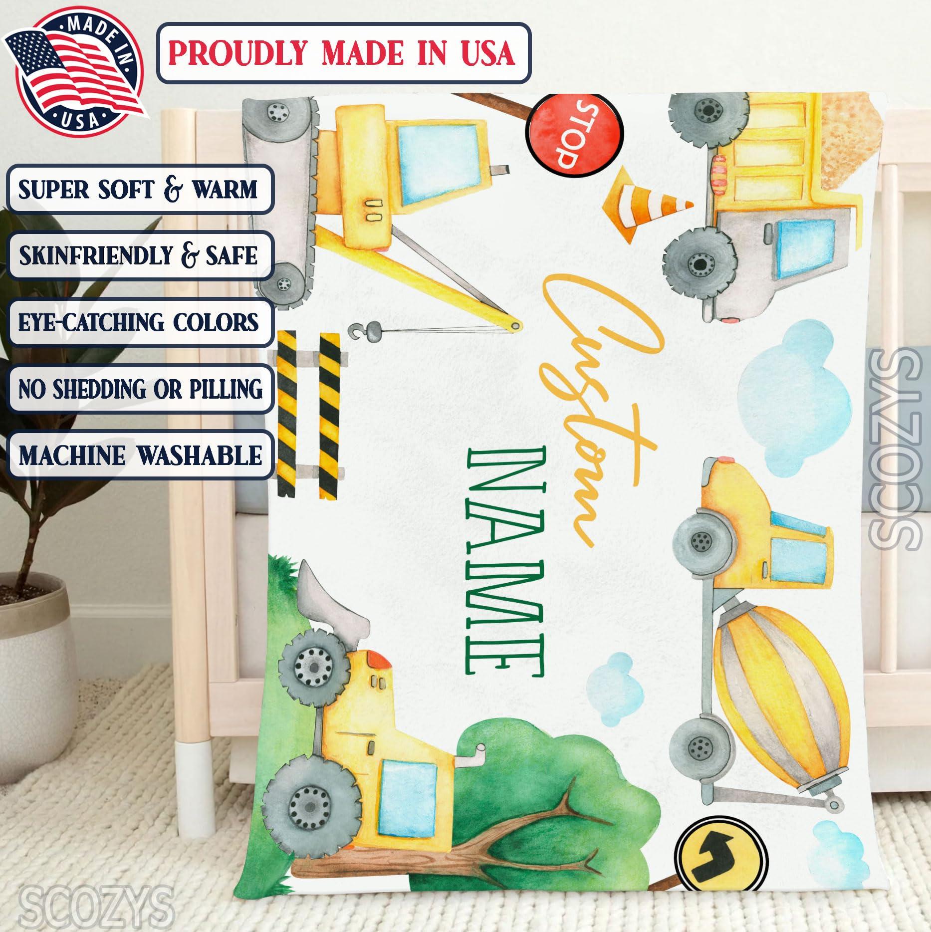 SCOZYS Personalized Construction Machinery Baby Blanket, Machinery Baby Nursery Bedding Blanket, Construction Baby Receiving Blanket, Construction Bedding Crib Nursery Decor