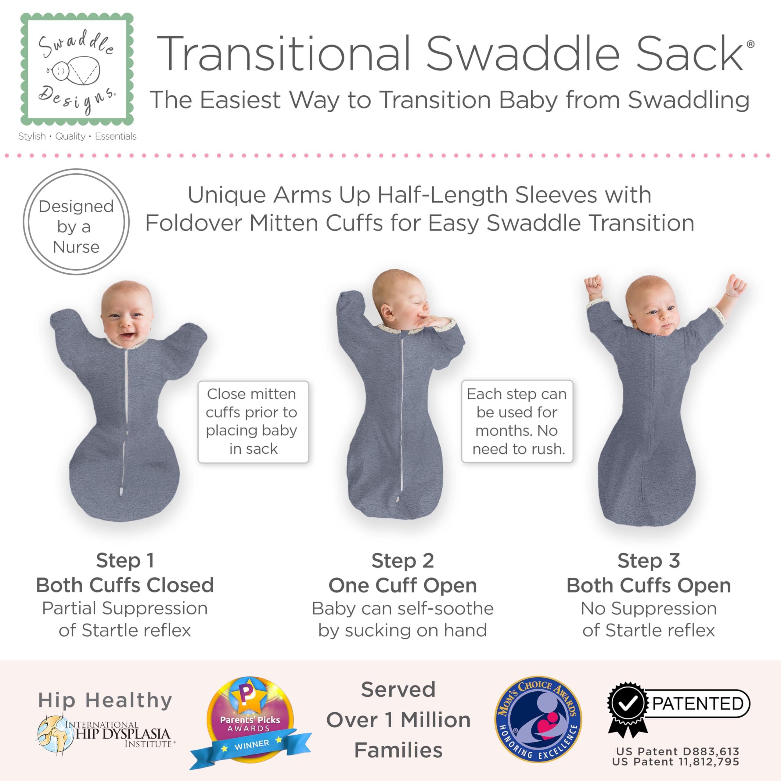 SwaddleDesigns SwaddleDesigns Transitional Swaddle Sack, Arms Up Half-Length Sleeves & Mitten Cuffs, Swaddle for Newborn Transition to Baby Sleep Sack Wearable Blanket, Medium, 3-6 Month, 14-21 lb, Heathered Denim