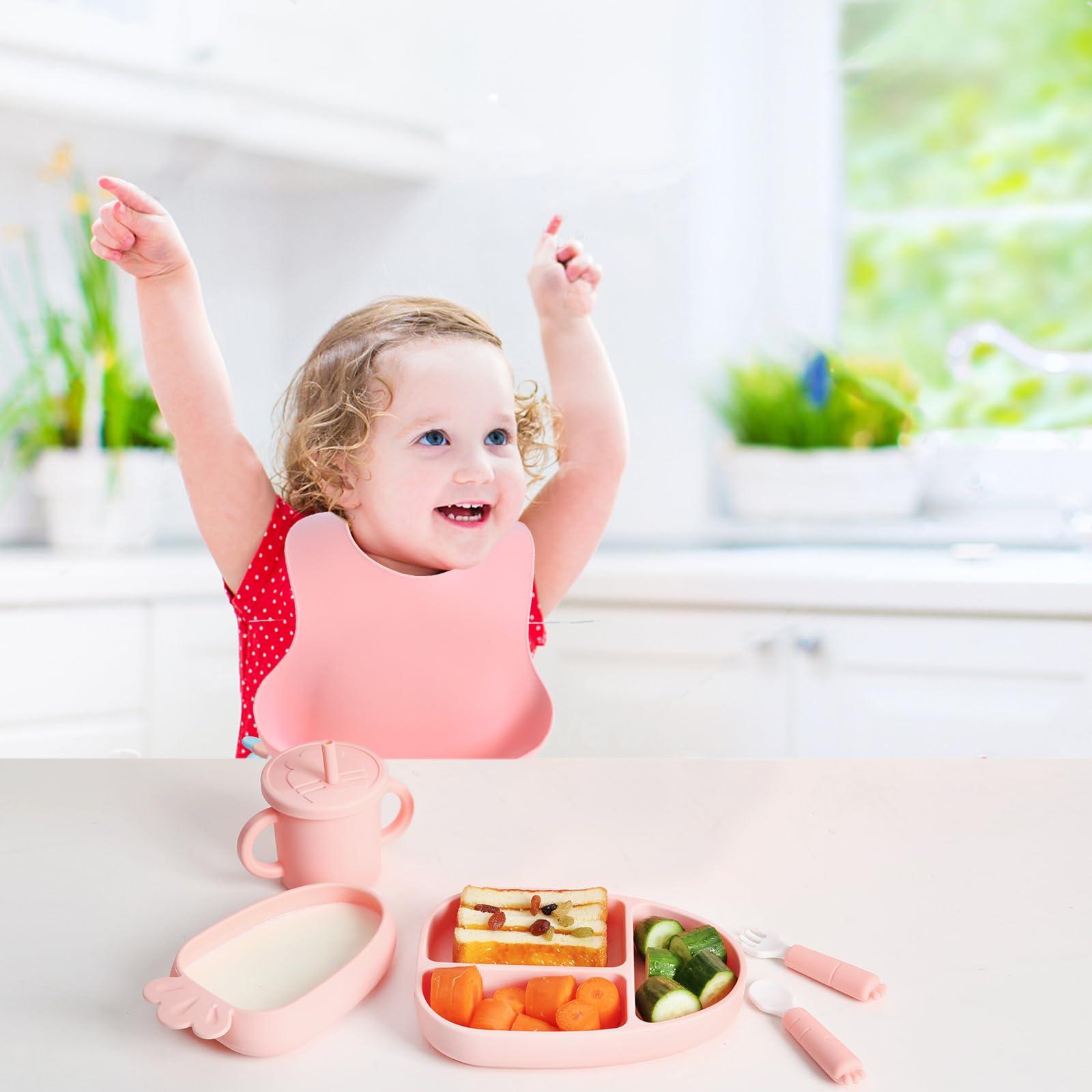 EuChoiz EuChoiz Silicone Baby Feeding Set, Baby Led Weaning Supplies with Suction Bowl Divided Plate, Toddler Self Feeding Dish Set with Bib and Plate, Spoon and Fork, Sippy Cup and Lid Cute Carrot Pink