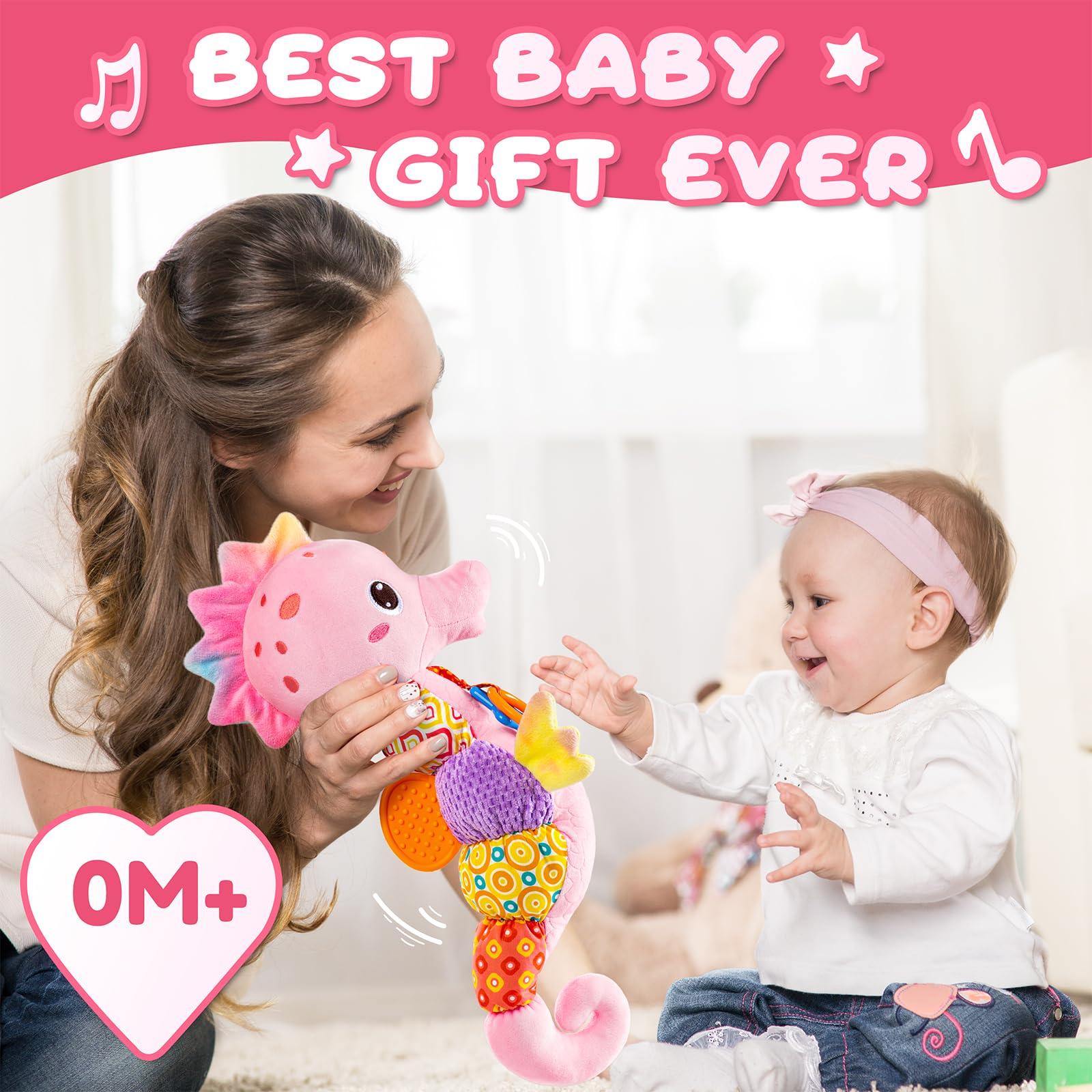 AWOTOY AWOTOY Baby Toys 0 to 12 Months, Musical Stuffed Animal Activity Soft Toys with Multi-Sensory Crinkle, Rattle and Textures,Infant Tummy Time Toys for Newborn Girls, Seahorse, Pink