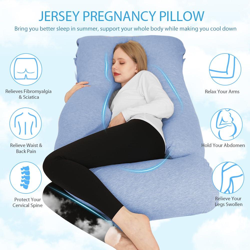 Chilling Home Chilling Home Pregnancy Pillow, U Shaped Pregnancy Pillows for Sleeping Full Body Pillow Maternity Pillow for Pregnant Women 58 inch, Pregnant Women Must Have with Removable Cover, Blue-Jersey