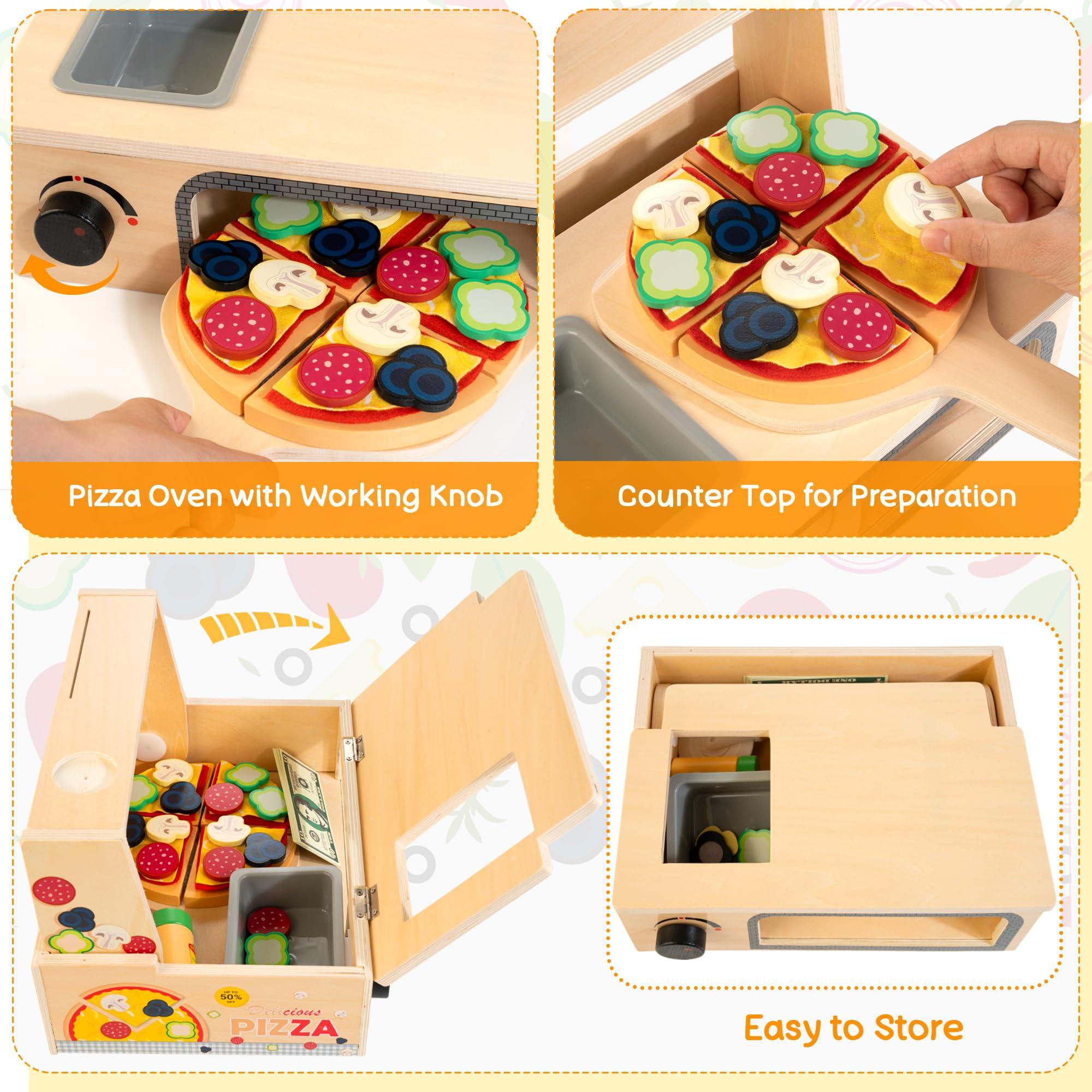 WOODMAM WOODMAM Wooden Pizza Toy - 48 PCS Montessori Pretend Play Food for Ages 3+, Educational Learning Toy Wooden Playset with Bake Oven, Christmas Birthday Gift for 3 4 5 6 Year Old