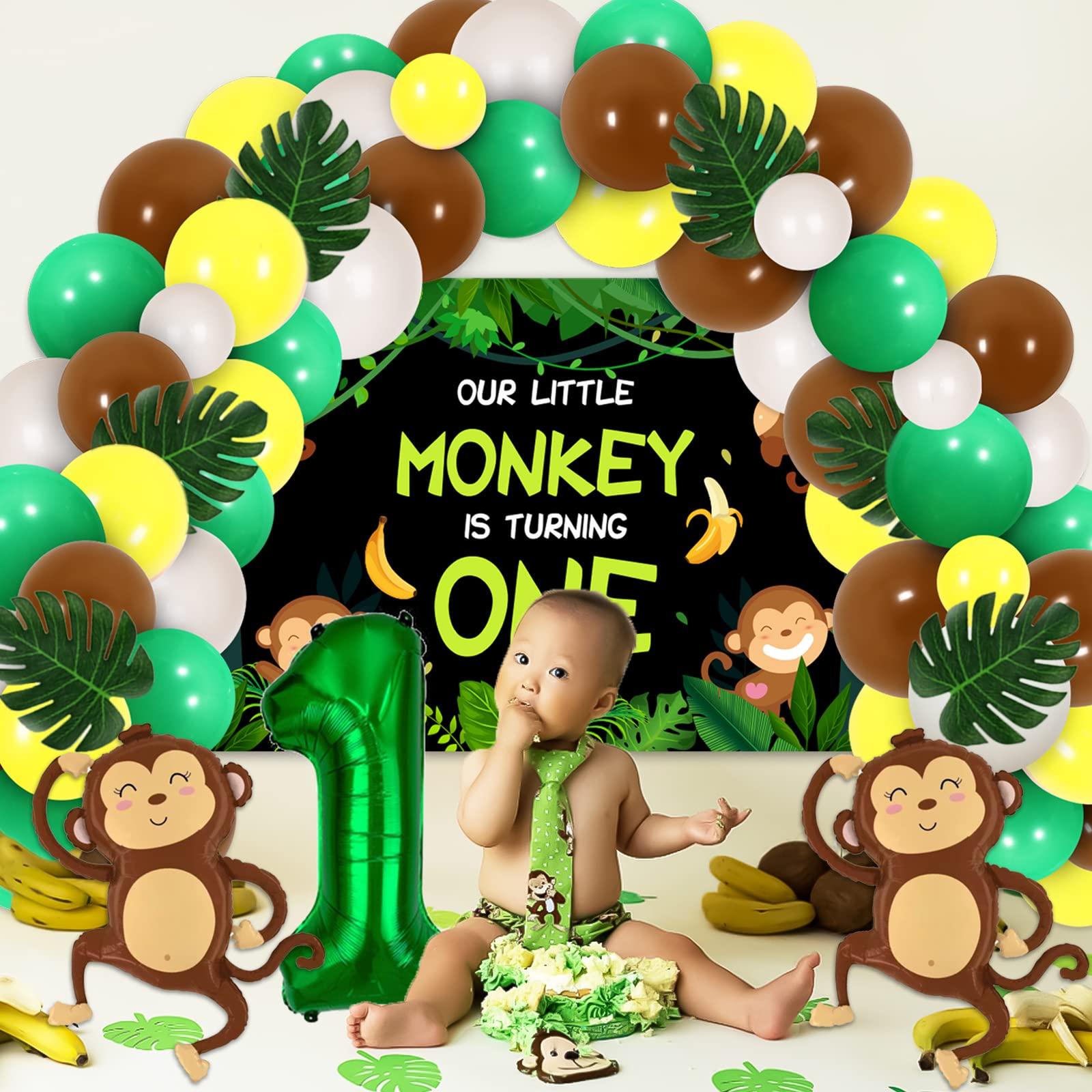 Funmemoir Monkey 1st Birthday Party Decorations - Our Little Monkey Is Turning One Backdrop, Jungle Safari Balloon Garland Arch Kit, Artificial Palm Leaves, Foil Balloons, Jungle Monkey Birthday Decorations