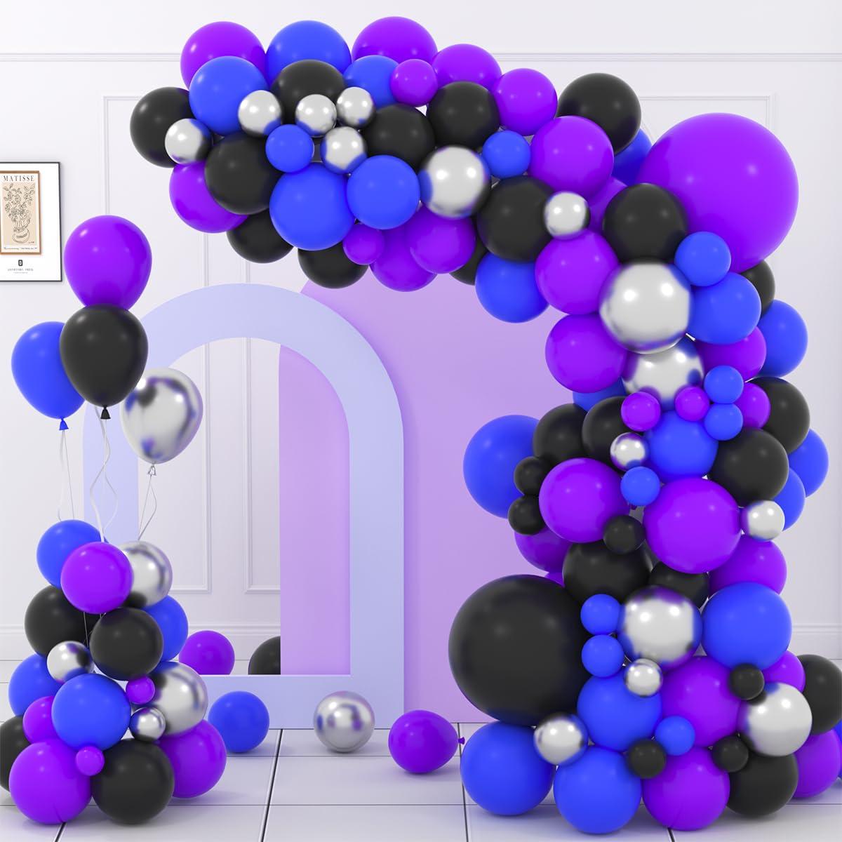 PASOCON Blue Black Purple Balloon Arch Garland Kit - 125PCS Purple Blue Balloons Blue Silver Black Balloons Video Game Birthday Decorations for Video Gaming Miner Birthday Halloween Party Decors
