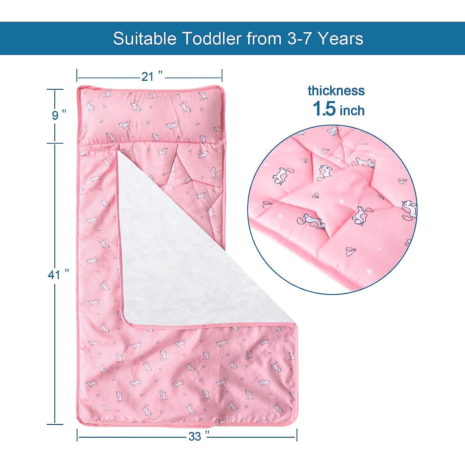 SPRINGSPIRIT 2 Pack Toddler Nap Mat with Pillow and Blanket 50" x 21" x 1.5", Nap Mat for Boys Girls Super Soft and Cozy, Kids Sleeping Bag for Preschool, Daycare, Toddler Sleeping Bag, Pink Horse/Pink