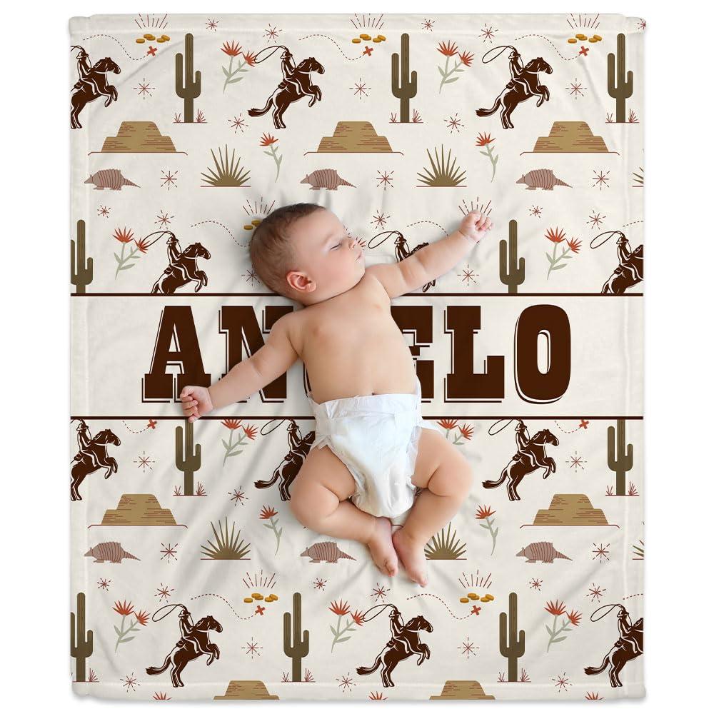 Hyturtle Hyturtle Personalized Name Western Baby Blanket, Wild West Baby Boy Swaddle Blanket, Cowboy Baby Blankets, Soft Fleece Blanket, Baby Western Blankets for Newborn Infant Toddlers Kids