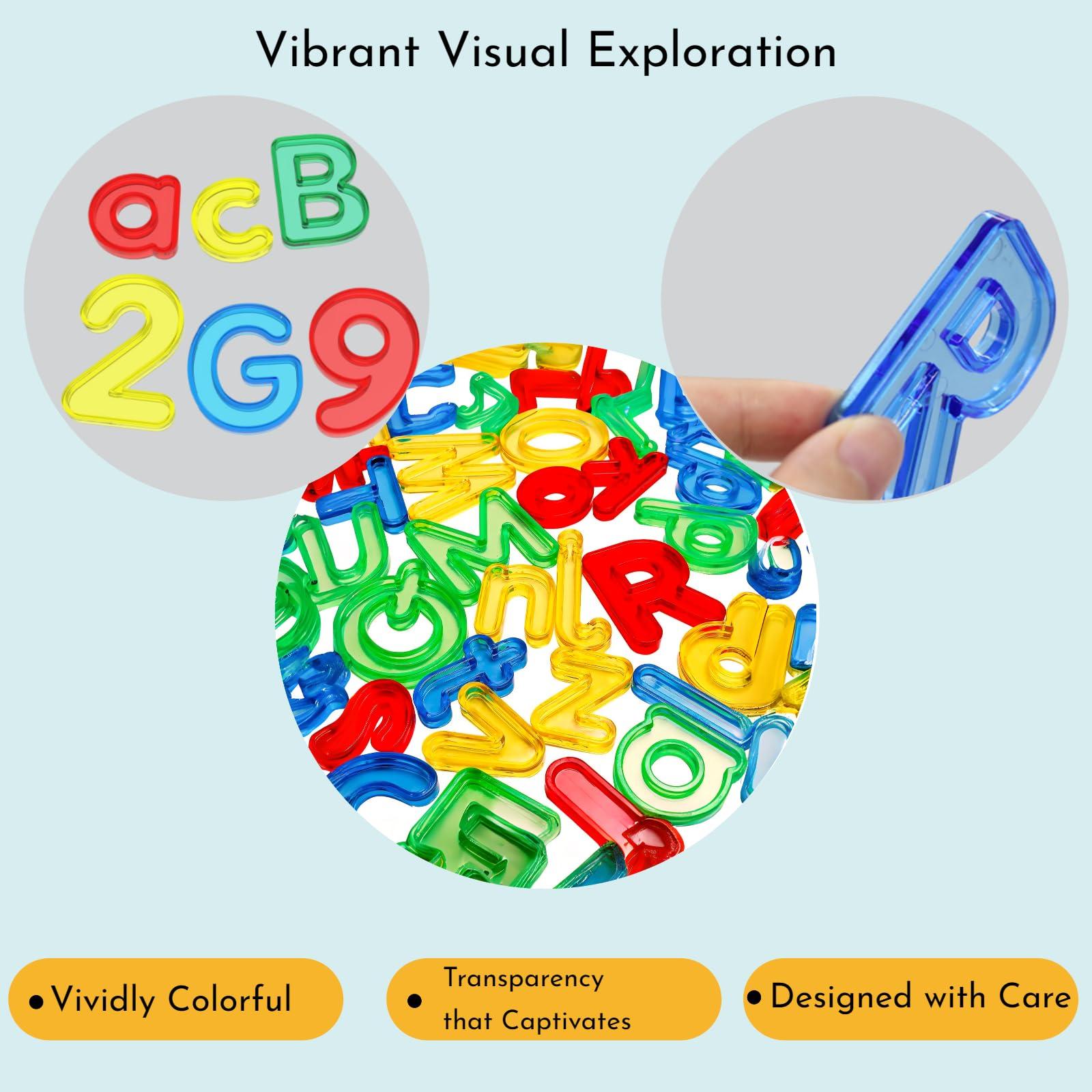 NNHOM 85 Pcs Colorful Plastic Letters and Numbers Set,Transparent Light Table Manipulatives Alphabet Letters,Include 52 Letters,10 Numbers,Ten Frame & Counters.Ideal for Toddler Spelling,Counting