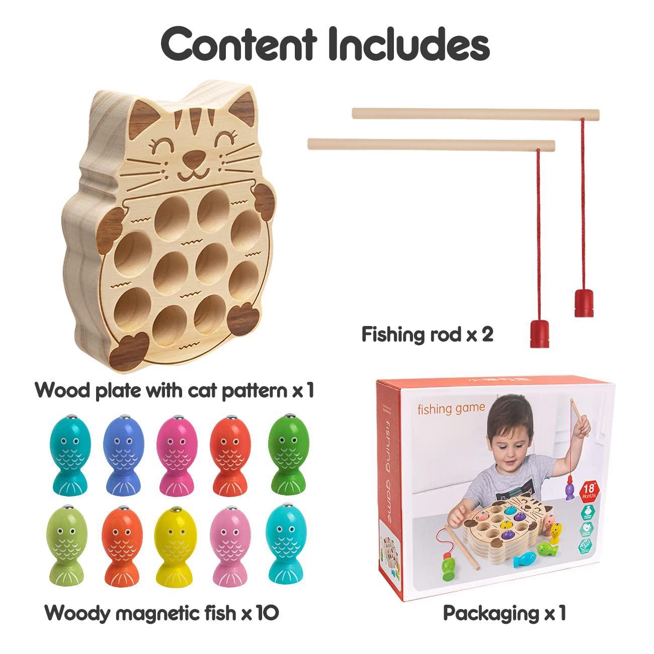 NAODONGLI Magnetic Fishing Game,Wooden Montessori Magnetic Fishing Toys for Toddlers,Preschool Education Learning Hand-Eye Cognition & Fine Motor Skill Birthday Gifts for 3 4 5 Years Old Kids Boys Girls