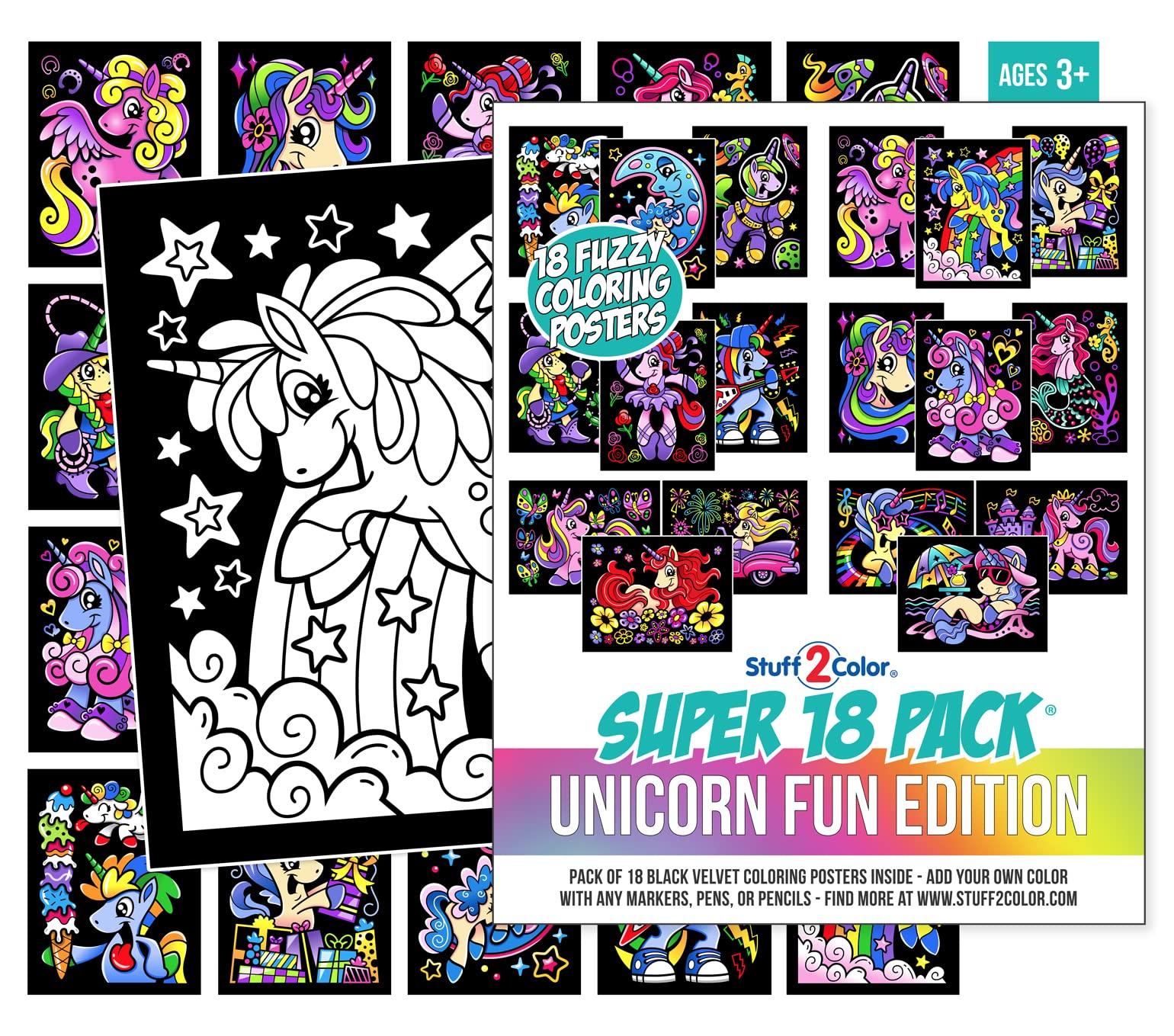 Stuff2Color Super Pack of 18 Fuzzy Velvet Coloring Posters (Unicorn Fun Edition) - Great for Family Time, Arts and Crafts, Travel, Quiet Time, Sharing, Parties [All Ages: Kids, Girls, Adults, Toddlers, Teens]