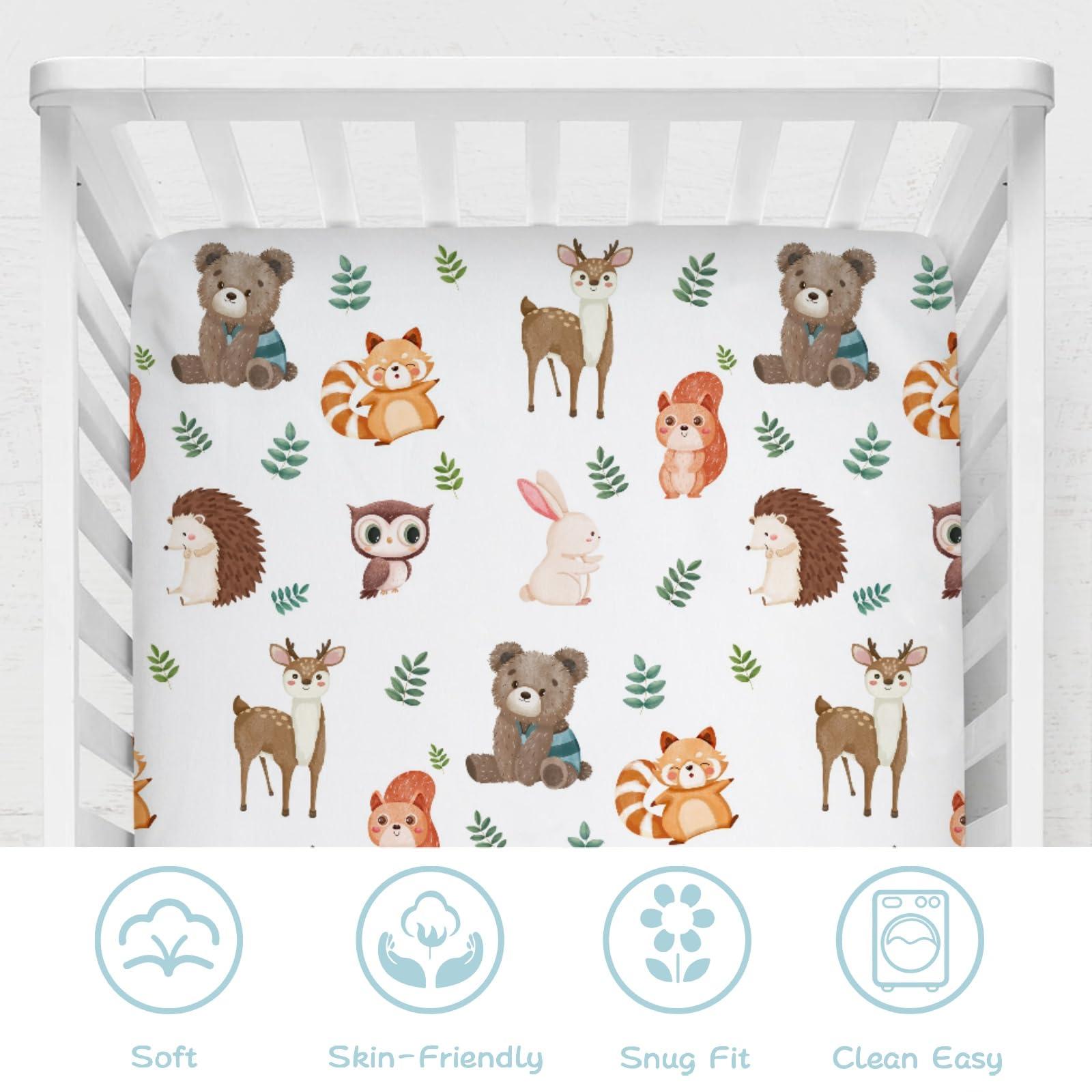 Hwmmbh Cute Woodland Animals Leaves Baby Crib Sheet 52''x28'' Bear Raccoon Squirrel Deer Rabbit Hedgehog Owl Fitted Crib Cover for Boy Girl Nursery Crib Sheet for Standard Size Crib Toddler Mattress
