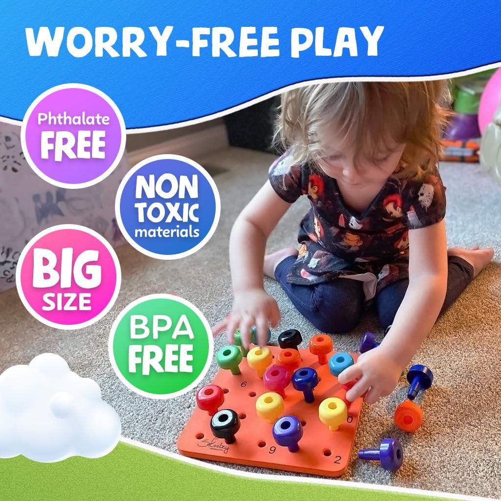Skoolzy Skoolzy Montessori Sensory Pegboard 33 Piece Set - Develop Sensory Play Occupational Therapy STEM Learning Educational Toys for Kids 2+ - Includes Foam Board, Lacing String, Dice, Storage Bag, eBook