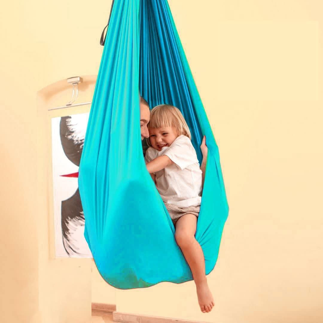 BSFHQS Sensory Swing For Kids 360 Swivel Sensory Child Therapy Swings Double Layer Strong Soft Nylon Elastic Outdoor Indoor Cuddle Swing Hammock Has A Calming Relaxing Effect For Children ( Color : Lake Gre
