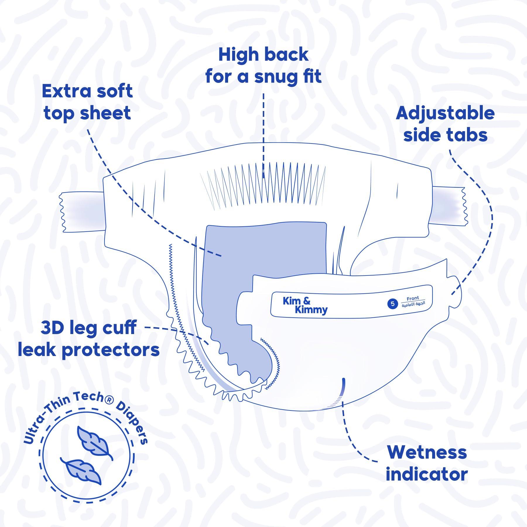 Kim & Kimmy Kim & Kimmy Eco Diapers, Size 5, 26-38 lbs, 44 Diapers - 12 Hour Leak Protection, No Rashes, Hypoallergenic, Ultra-Soft & Highly Absorbent - Cruelty Free & Vegan - Funny Icons