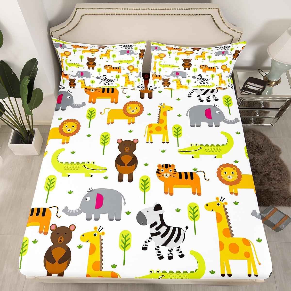 Erosebridal Zoo Animal Toddler Bedding Set Safari Nursery Decor Bed Sheets Full, Cartoon Animals Fitted Sheet Woodland Animal Print Sheets Kawaii Giraffe Elephant Lion Fitted Bed Sheets 3 Pieces