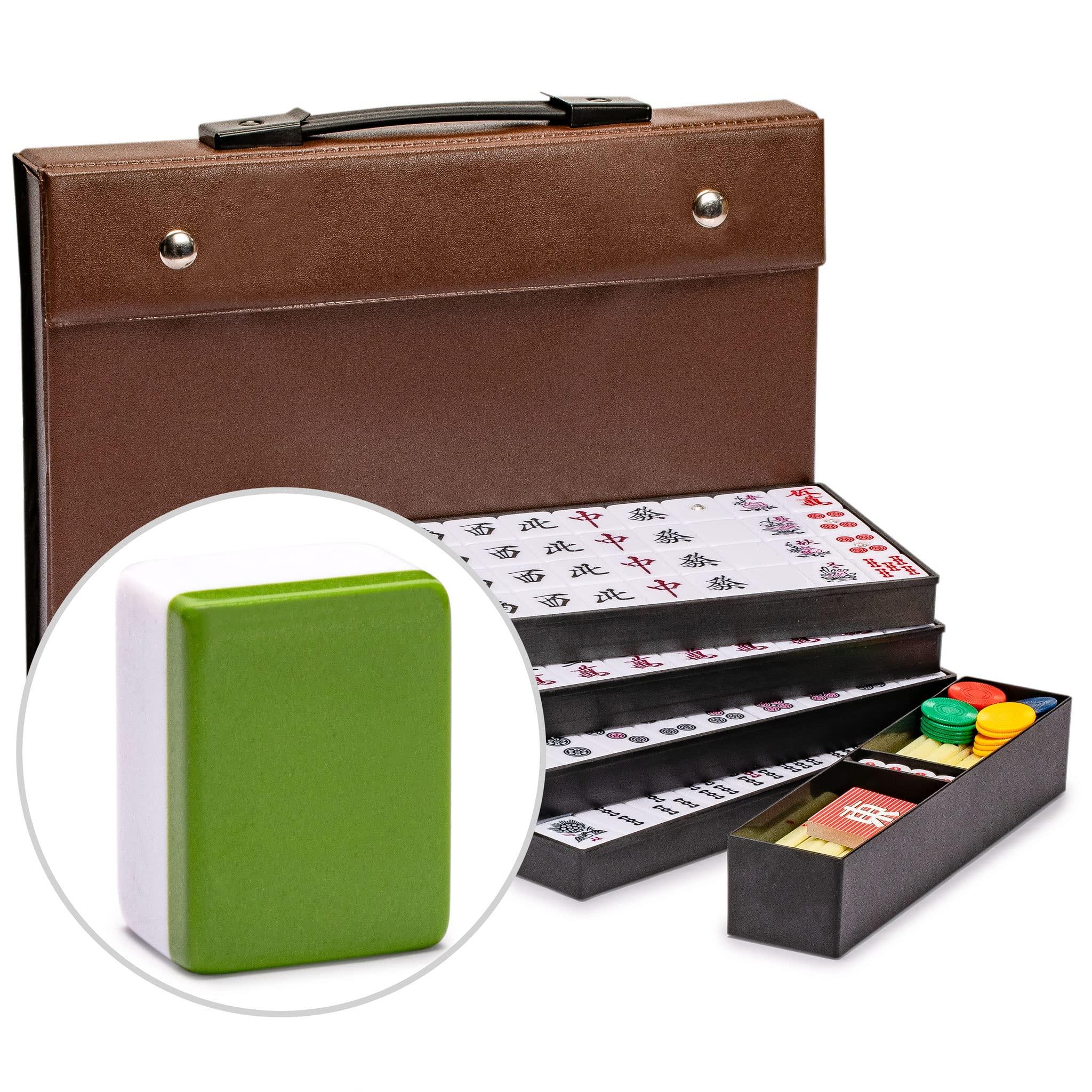Yellow Mountain Imports Yellow Mountain Imports Japanese Riichi Mahjong Set - Large White and Green Tiles, Vinyl Case - Includes East Wind Tile, Betting Sticks, and Dice